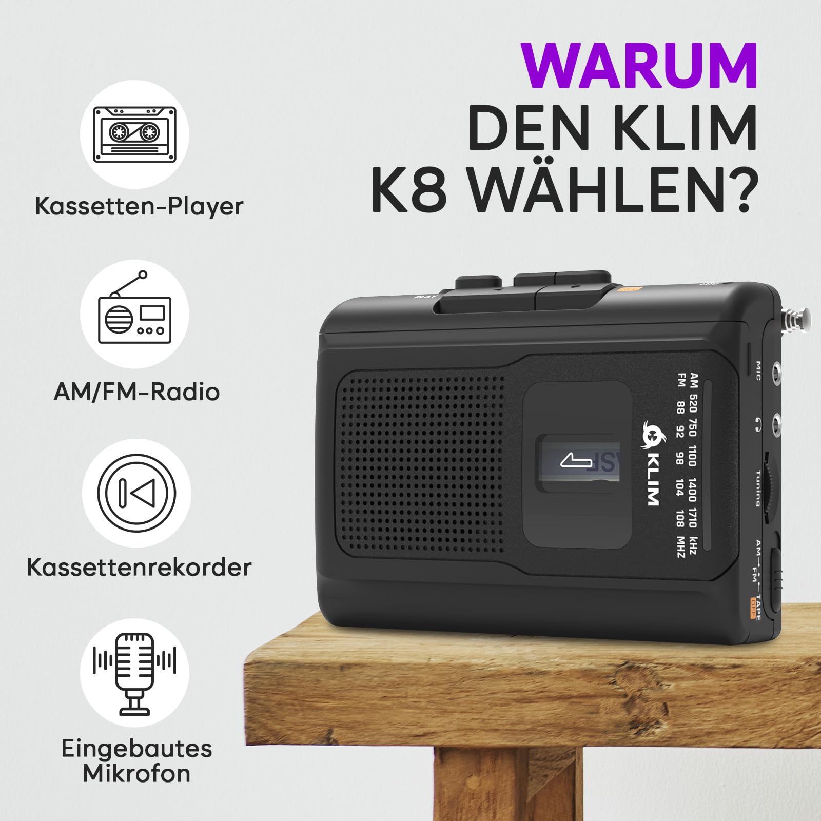 KLIM K8 Kassettenspieler - Kassettenrekorder - NEU Cassette Player - AM/FM Kassettenradio - Eingebautes Mikrofon & Lautsprecher - Kopfhöreranschluss & Ohrhörer - Schwarz