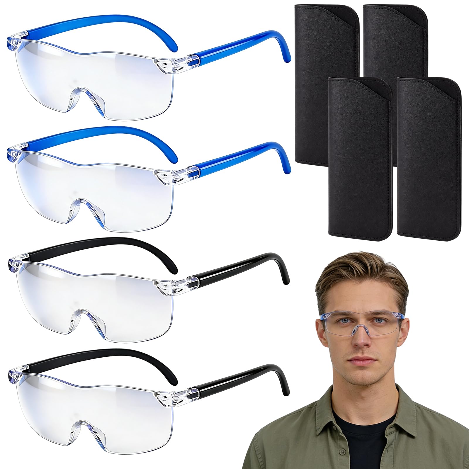 8Pcs Magnifying Glasses, Blue and Black Frames, 3x and 5x Magnification Power, Anti-Radiation Coating for Enhanced Clarity, Ideal for Detailed Tasks and Small Print Reading