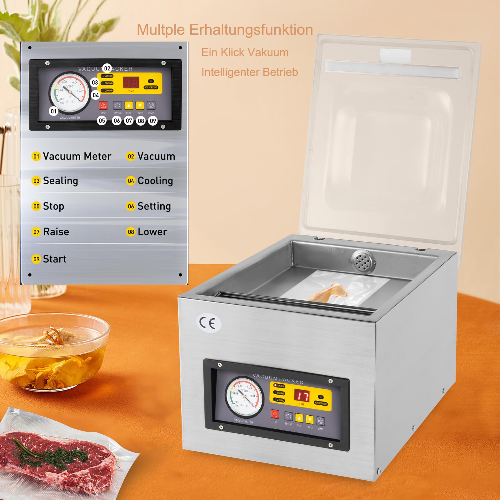 Kammervakuumierer aus Edelstahl Vakuumierer Vakuumiergerät, starke Vakuumpumpe 5L/s Kammer Vakuummaschine Vakuumiermaschine für trockene oder feuchte Lebensmittel