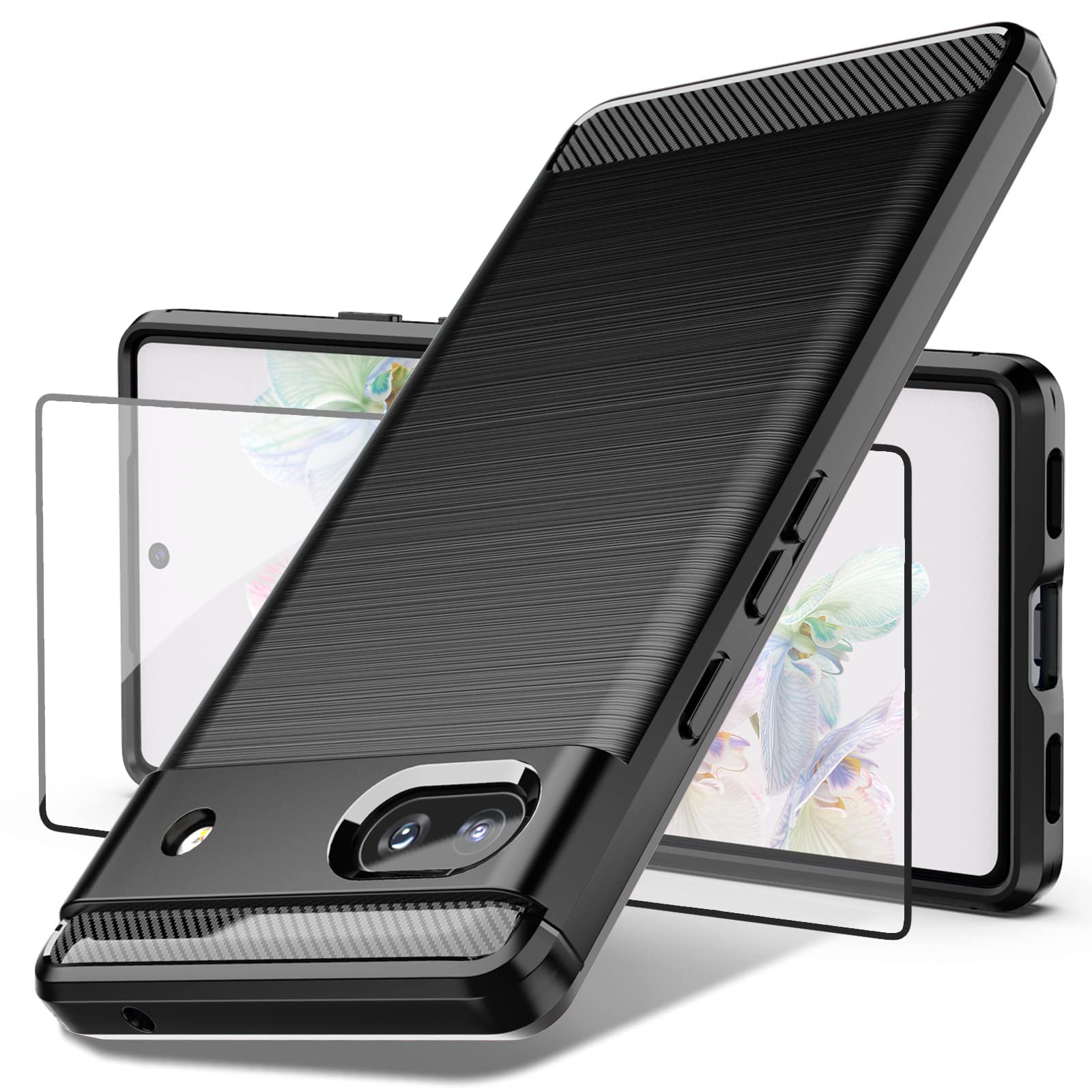 NALACAL Case for Google Pixel 6A, Pixel 6a Case with Tempered Glass Screen Protector, Shock-Absorption Brushed Flexible Soft TPU Carbon Fiber Protective Cover for Google Pixel 6a 2022 (Black)