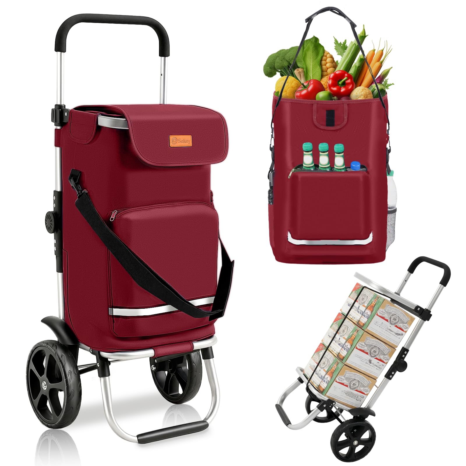 Sekey Einkaufstrolley klappbar für Senioren, XXL Einkaufswagen faltbar mit Kühlfach, 3in1 Trolley Einkaufstrolley mit Schultertasche, kein Tragen mehr, Rot