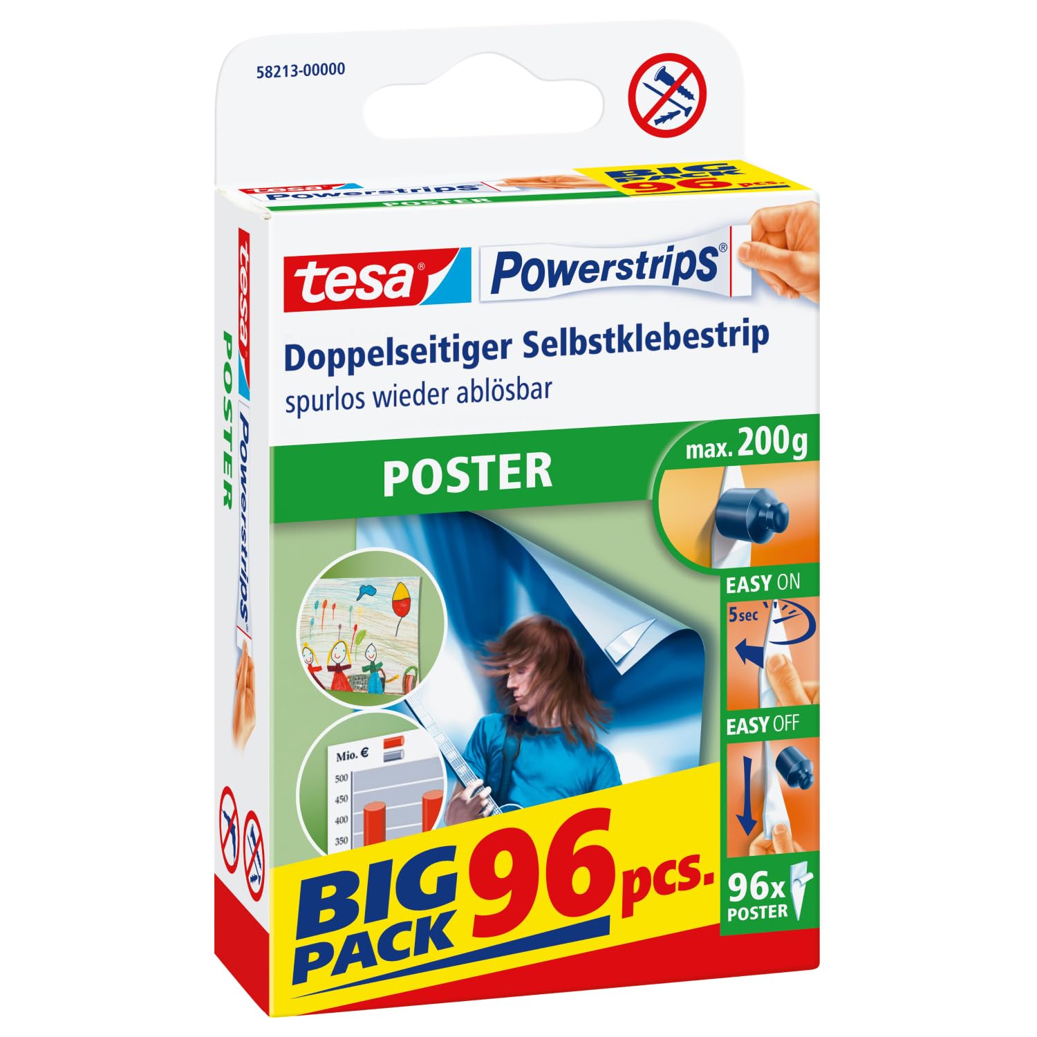 tesa Powerstrips POSTER Big Pack - Doppelseitige Klebestreifen für Poster und Plakate - Selbstklebend und spurlos wieder ablösbar - Bis zu 200 g Halteleistung - 96 Stück