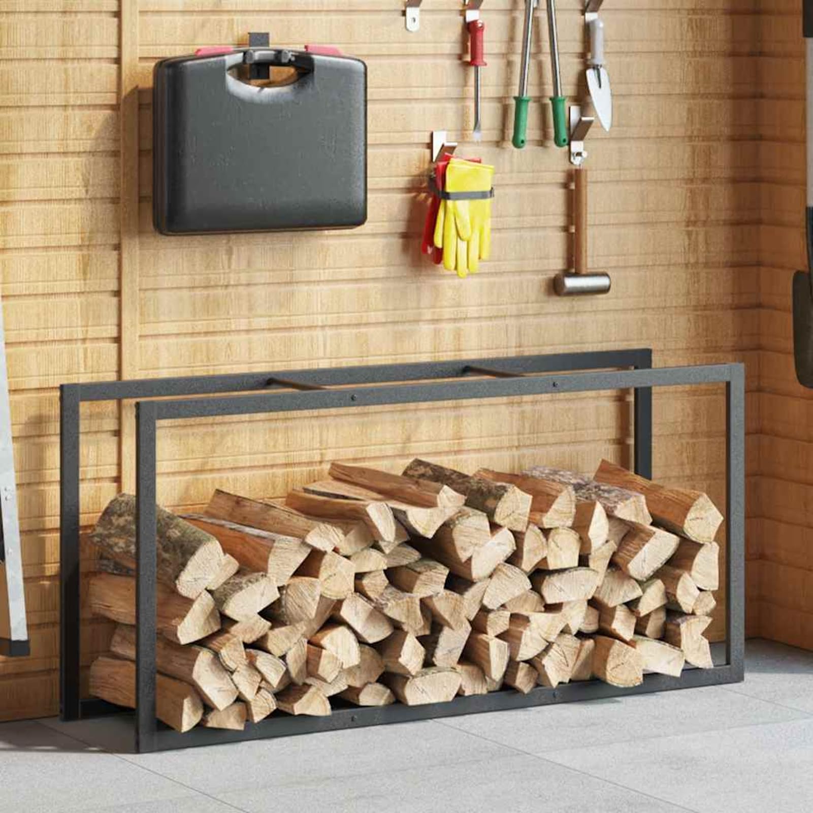 Estantería para leña de acero con recubrimiento en polvo, 55 x 30 x 116 cm, color negro – Soporte para leña para garaje, sótano e interior, horizontal y vertical, con soporte de pared