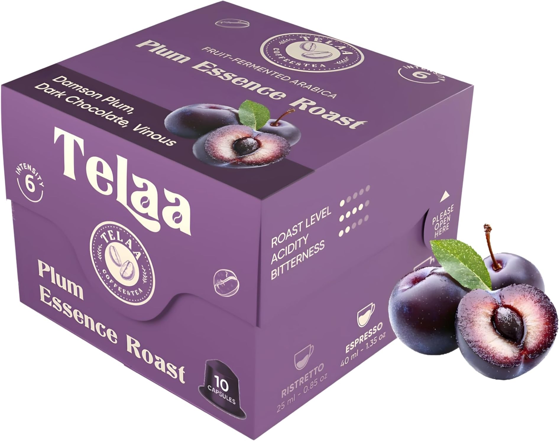 Telaa Plum Essence Roast Coffee Capsules | Fruit-Fermented Arabica | Damson Plum, Dark Chocolate & Vinous Notes | Aluminium Espresso Original Line Compatible Pods | Intensity 6 | 10 Capsules