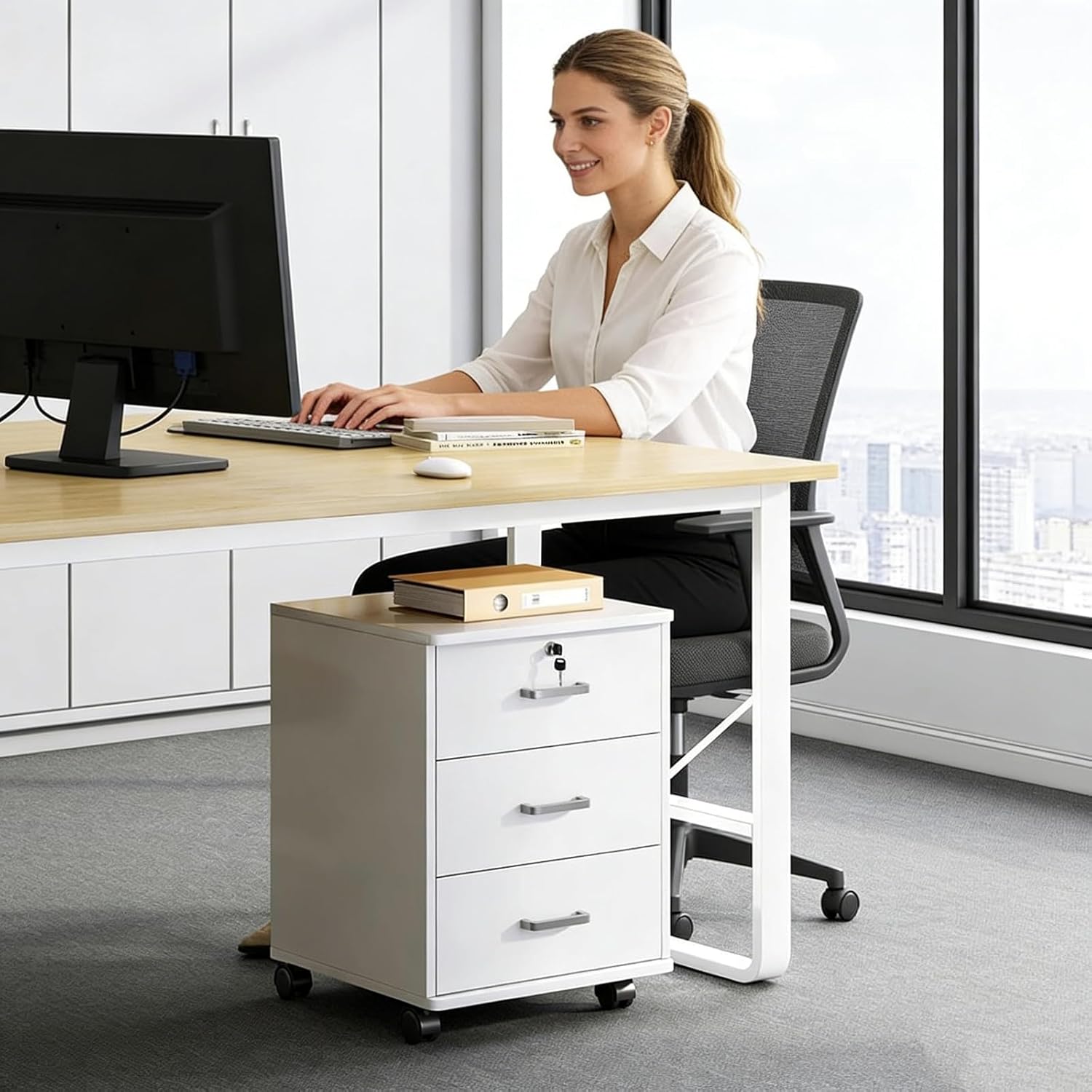 3-Drawer File Cabinet,Mobile Filing Cabinet with Lock,Wood Under Desk File Organizer for Home Office Storage Rolling,Fits Letter/Legal/A4 Files Under Desk,White/Black(Oak)