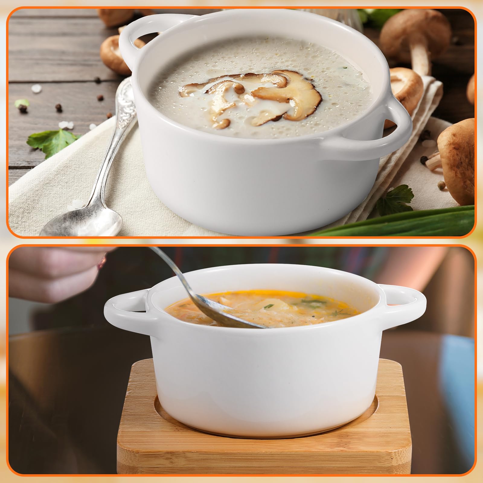 Mimorou Juego de 6 mini cocotte de cerámica de 7 onzas con tapa y base de madera, juego de cuencos de calabaza con asa, cuencos de sopa de cerámica para hornear, cazuela redonda para el hogar, plato