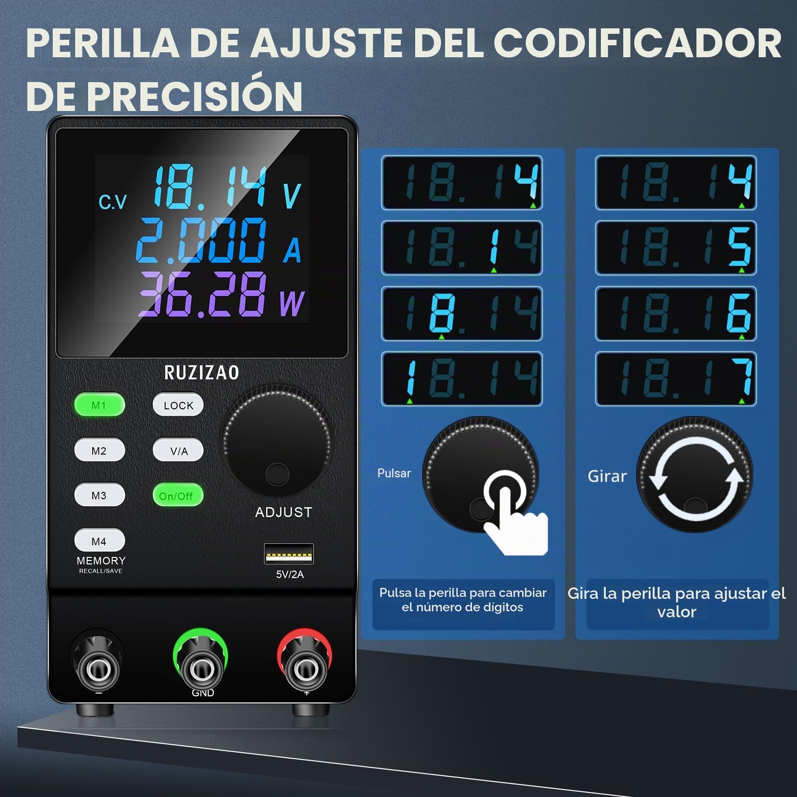 Fuente de Alimentación Regulable 200V 1A Programable para Mesa de Laboratorio con Software Para PC, Mando Codificador, Almacenamiento en Memoria, Interruptor de Salida, Botón de Bloqueo