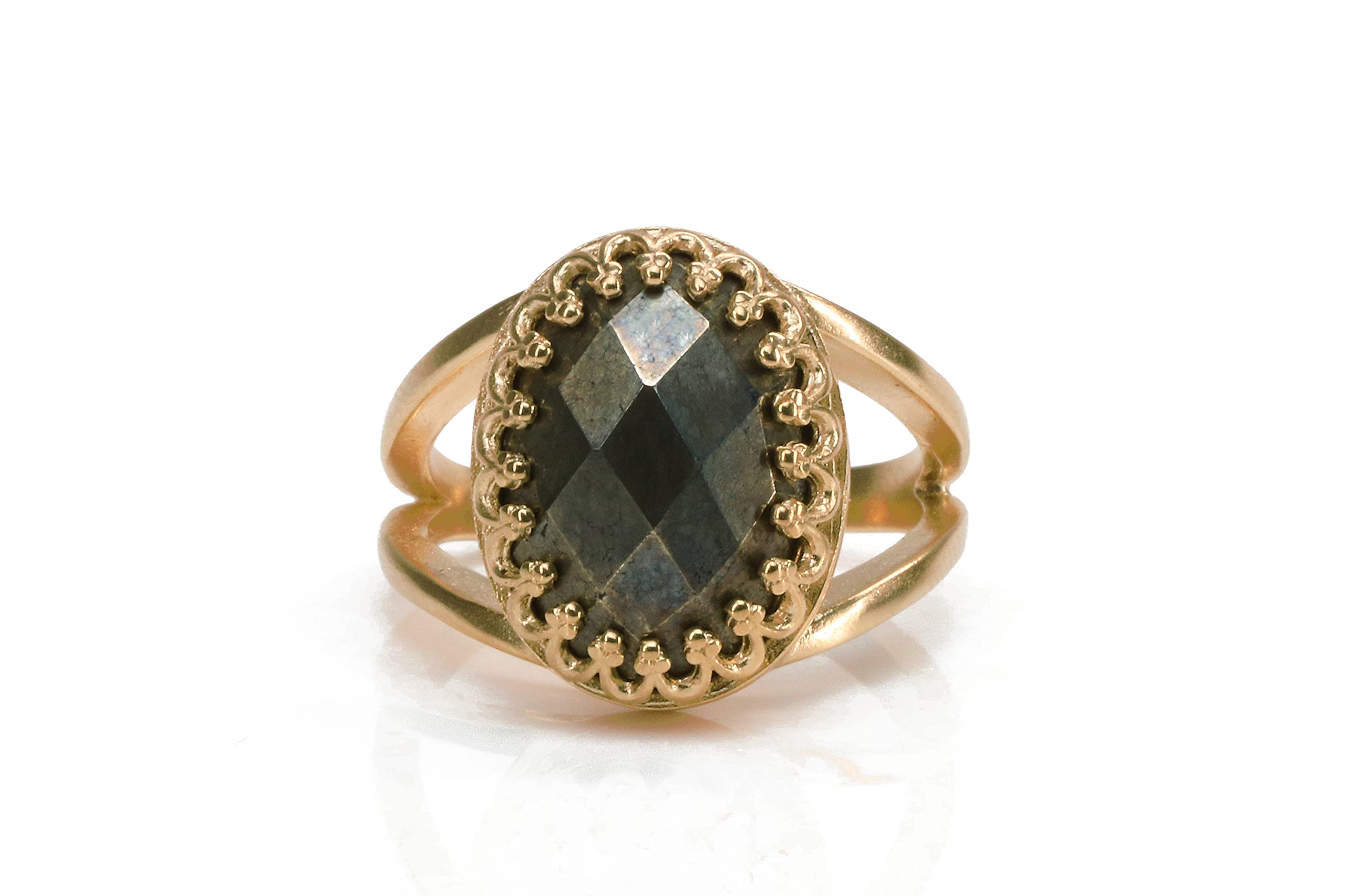 Anillo de Doble Banda de Piedra de Pirita - Anillos de Oro Rosa Personalizados para Mujeres - Anillo Ovalado de Compromiso, Boda, Moda, Promesa, Regalo para su Cumpleaños, Aniversario, Vacaciones