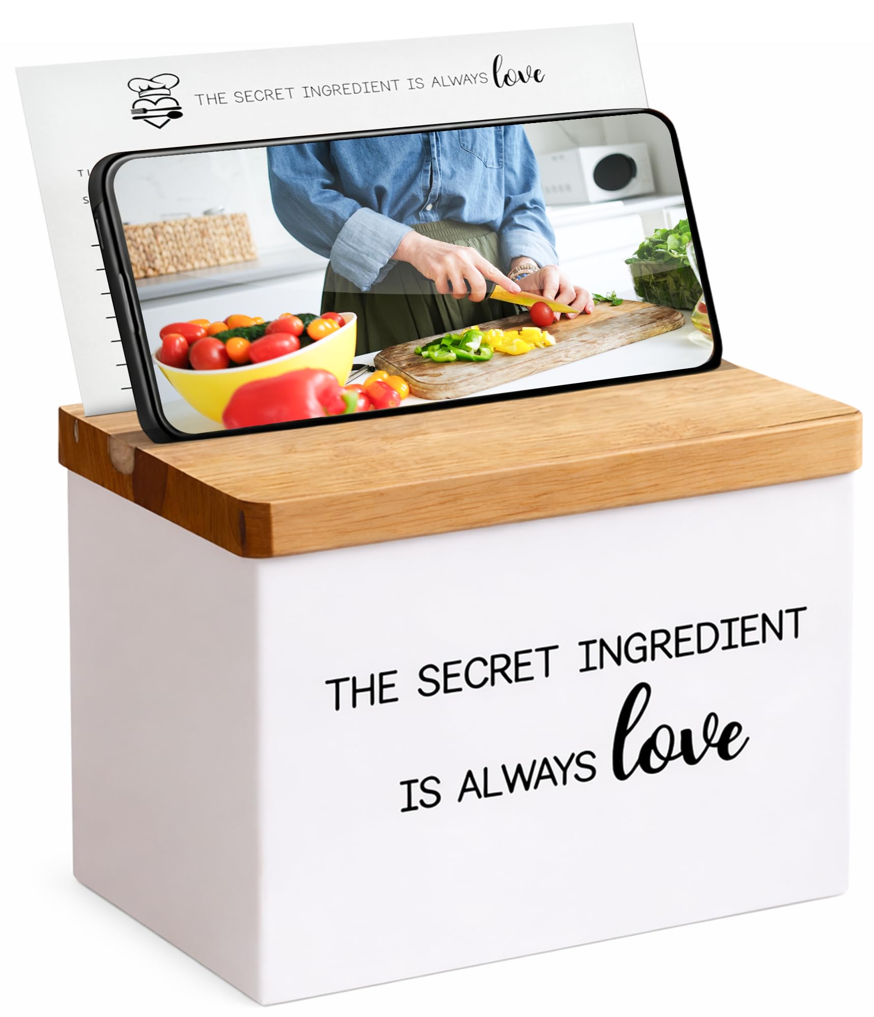 CASADELLA Wooden Recipe Box with Cards and Dividers, Minimalist Recipe Organizer with 50 Recipe Cards 4x6 and 12 Dividers