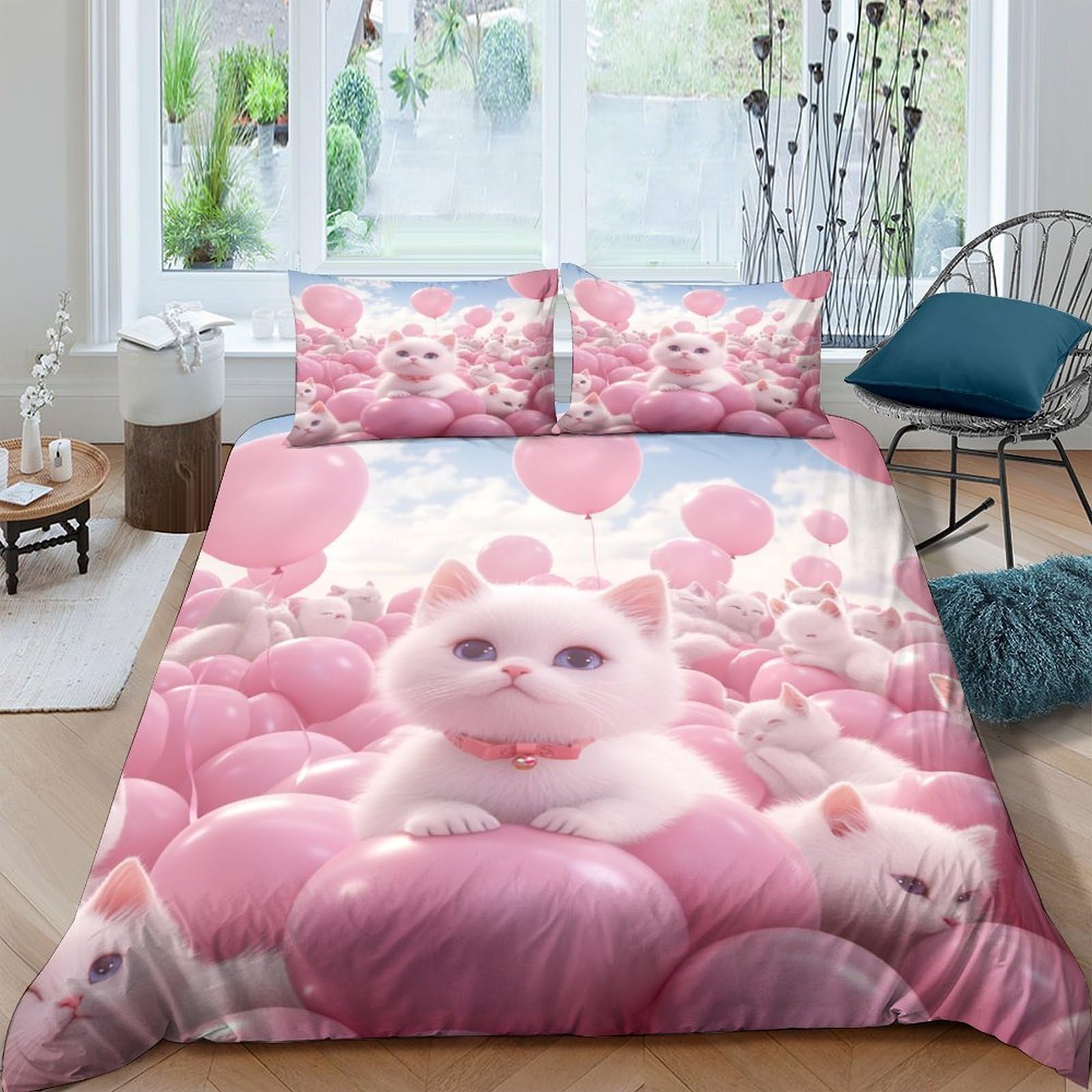 gattino carino Impressione 3D 3 pz cover piumone fantasia di palloncini rosa fodera per edredone microfibra morbida antiacari per bambini ragazzi donne King（220x240cm）