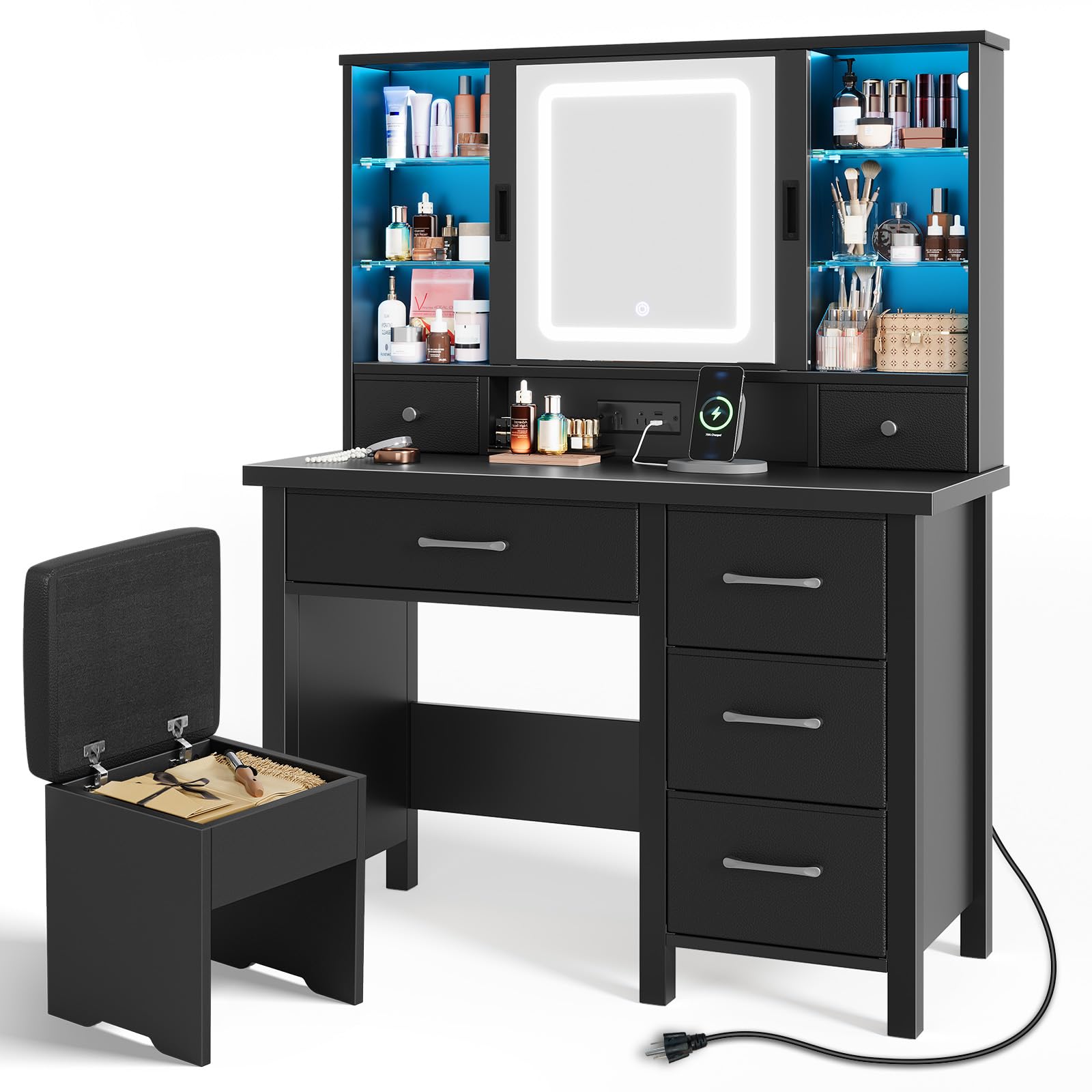 Rolanstar Vanity Desk with Lighted Sliding Mirror & Power Outlet, Vanity Table Set with Chair, 6 Fabric Drawers Makeup Table with LED Strip and Glass Shelves, Black