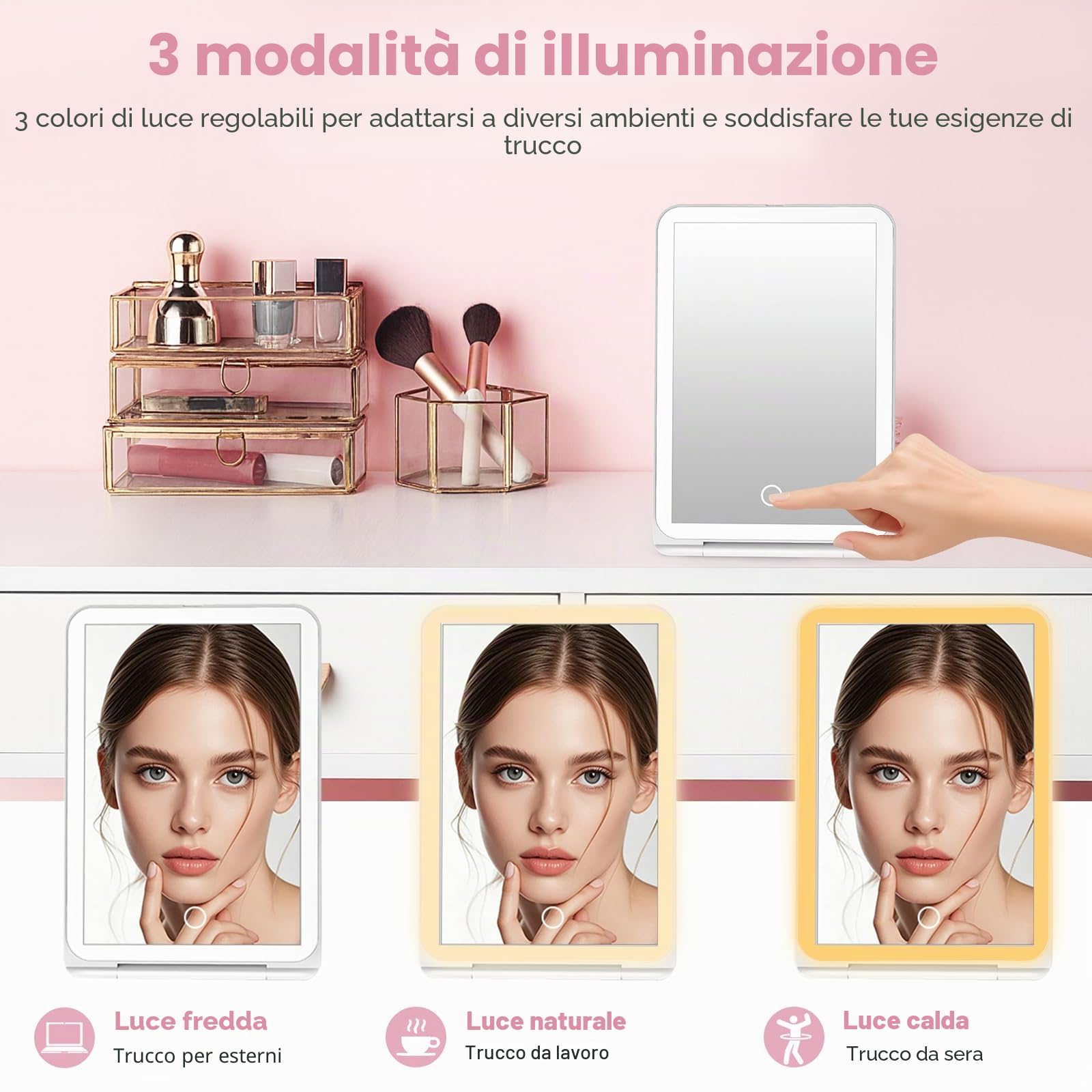 SURFOU Specchio Trucco con Luci LED Ricaricabile USB-C, Pieghevole e Portatile, 3 Tonalità di Luce Regolabile + 10X Ingranditore, Interruttore Tattile e Memoria, Compatto per Makeup Professionale, Via