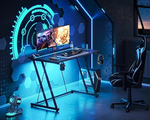 Miniatura 2 de MOTPK Escritorio pequeño para juegos con luces LED y toma de corriente, escritorio de computadora de 39 pulgadas para espacios pequeños, mesa de