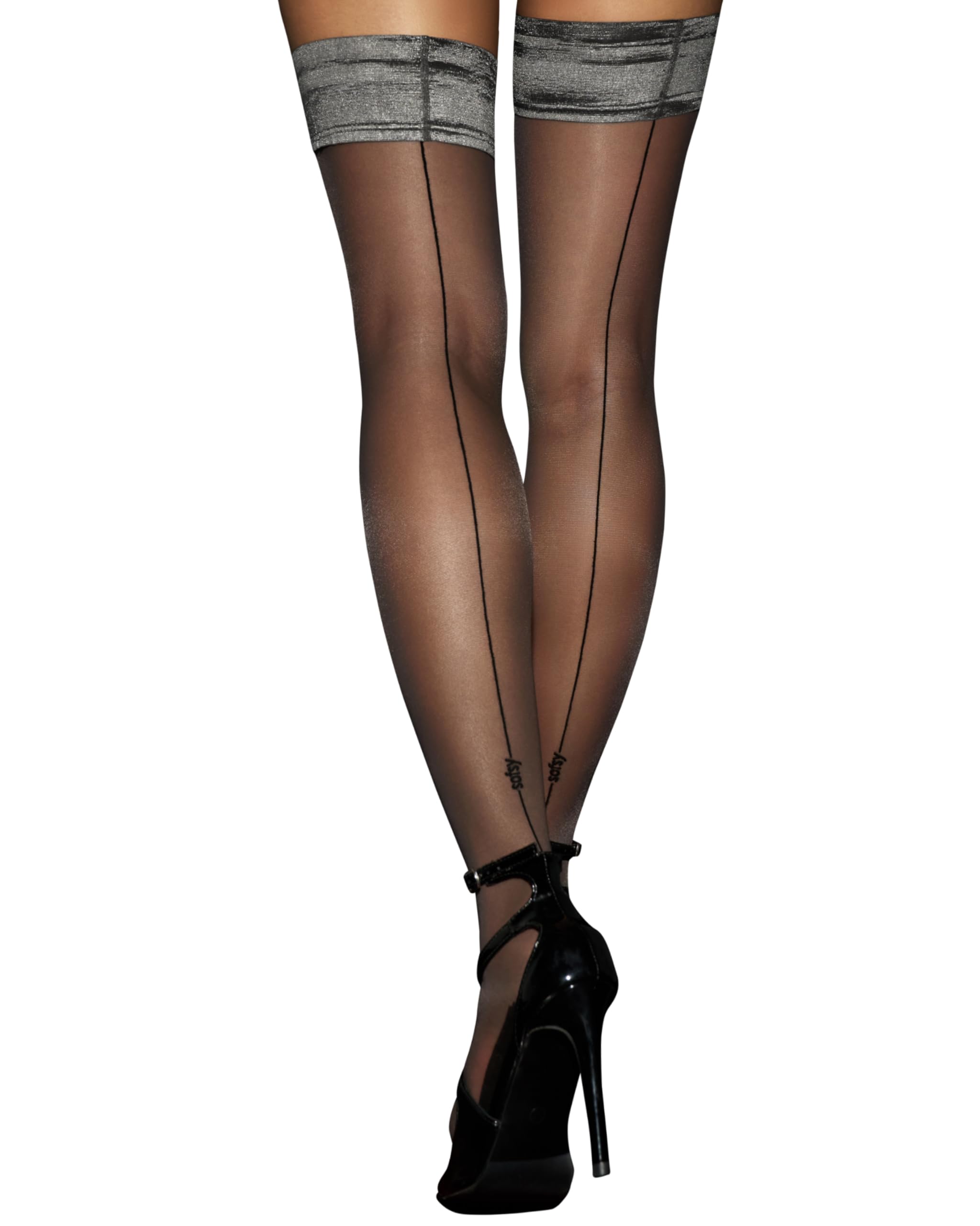 sofsy Sheer Backseam Thigh-High Stockings/Pantyhose w/Hold-Up Silicone | 20 Den - Barely Black with Black Seam - 3/4 - Medium/Large