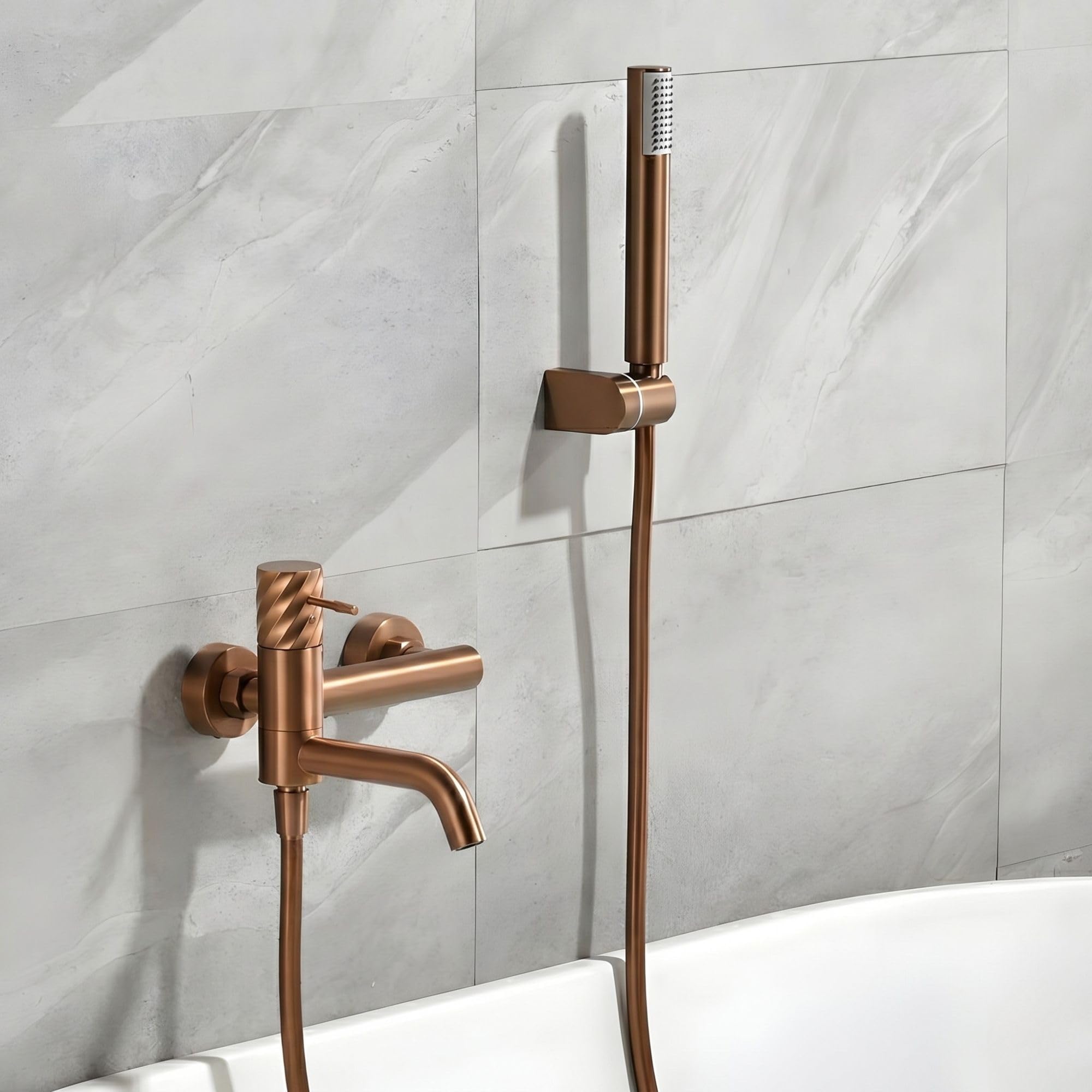 IMEX - Grifo Monomando Bañera y Ducha Oro Rosa | Grifo Mezclador de Pared con Soporte Alcachofa de Ducha y Manguera | Grifería en Latón y Acero Inoxidable S.304 | Serie Bless | Color Cobre