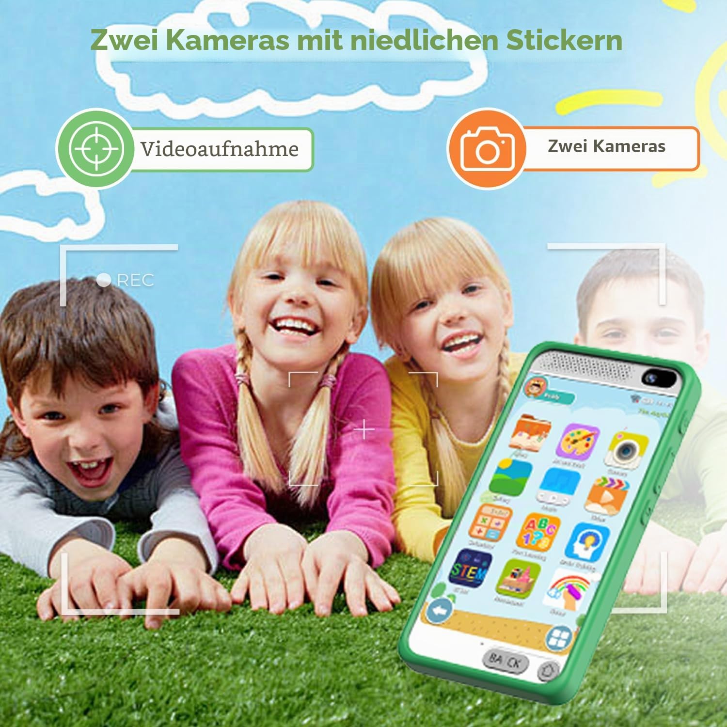 Kinder Handy Smartphone mit 1080P HD Dual Kamera aufnehmbar Video, 3.97" Zoll Touchscreen Digitalkamera für 3–12, Kinder Smart Phone Kinderhandy für Geburtstagsgeschenk (Grün)
