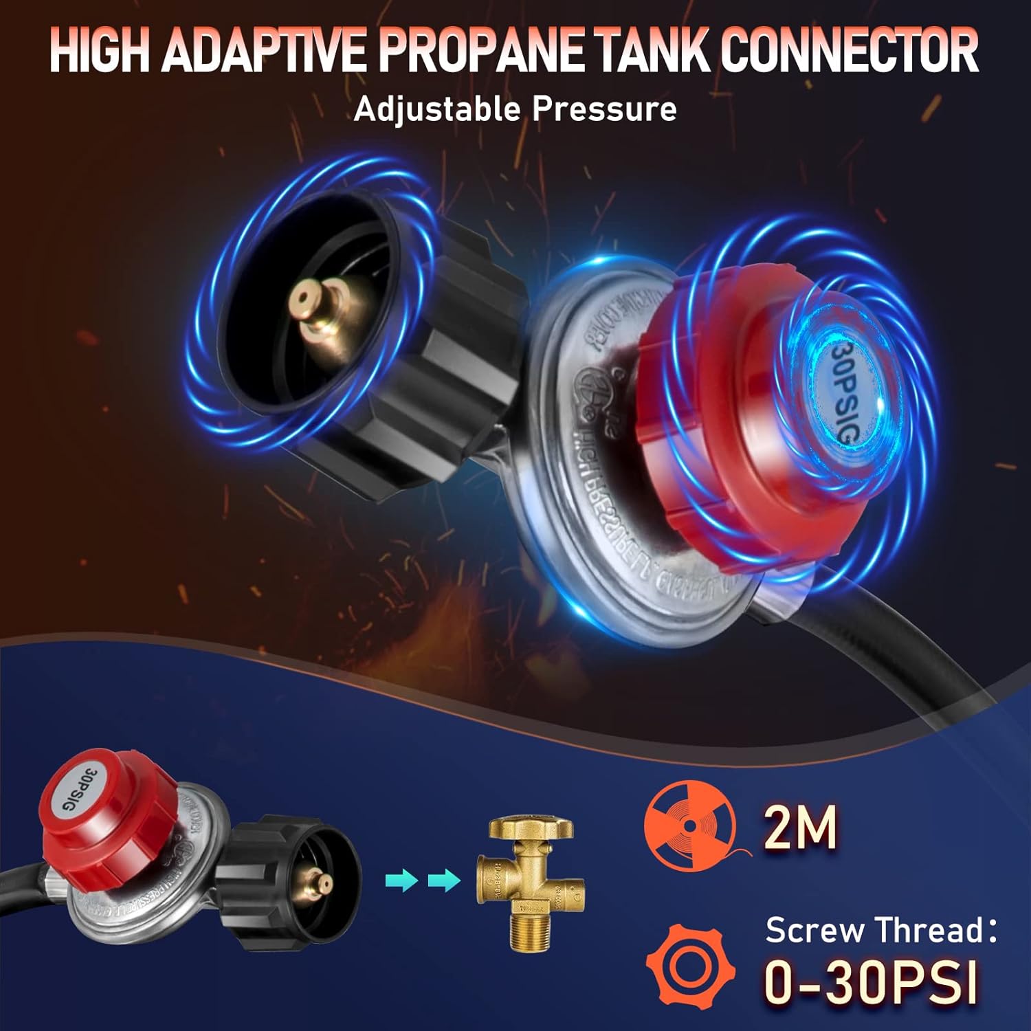 Detallado view of the VEVOR Propane Forge's high adaptive propane tank connector and adjustable pressure regulator.