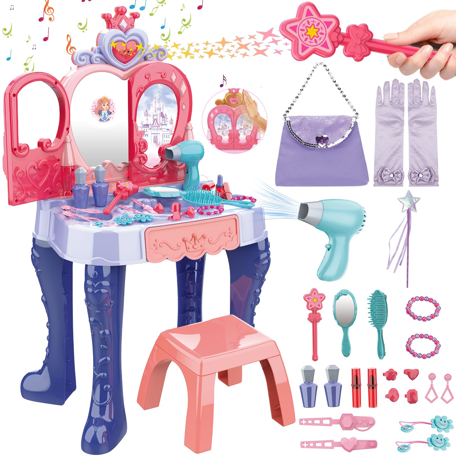 deAO Coiffeuse Enfant avec Miroir Tabouret et Accessoires, Coiffeuse pour Filles avec Lumière et Musique, Ouverture de la Porte par Induction, Kit de Maquillage pour Filles à Partir de 3 Ans - Bleu