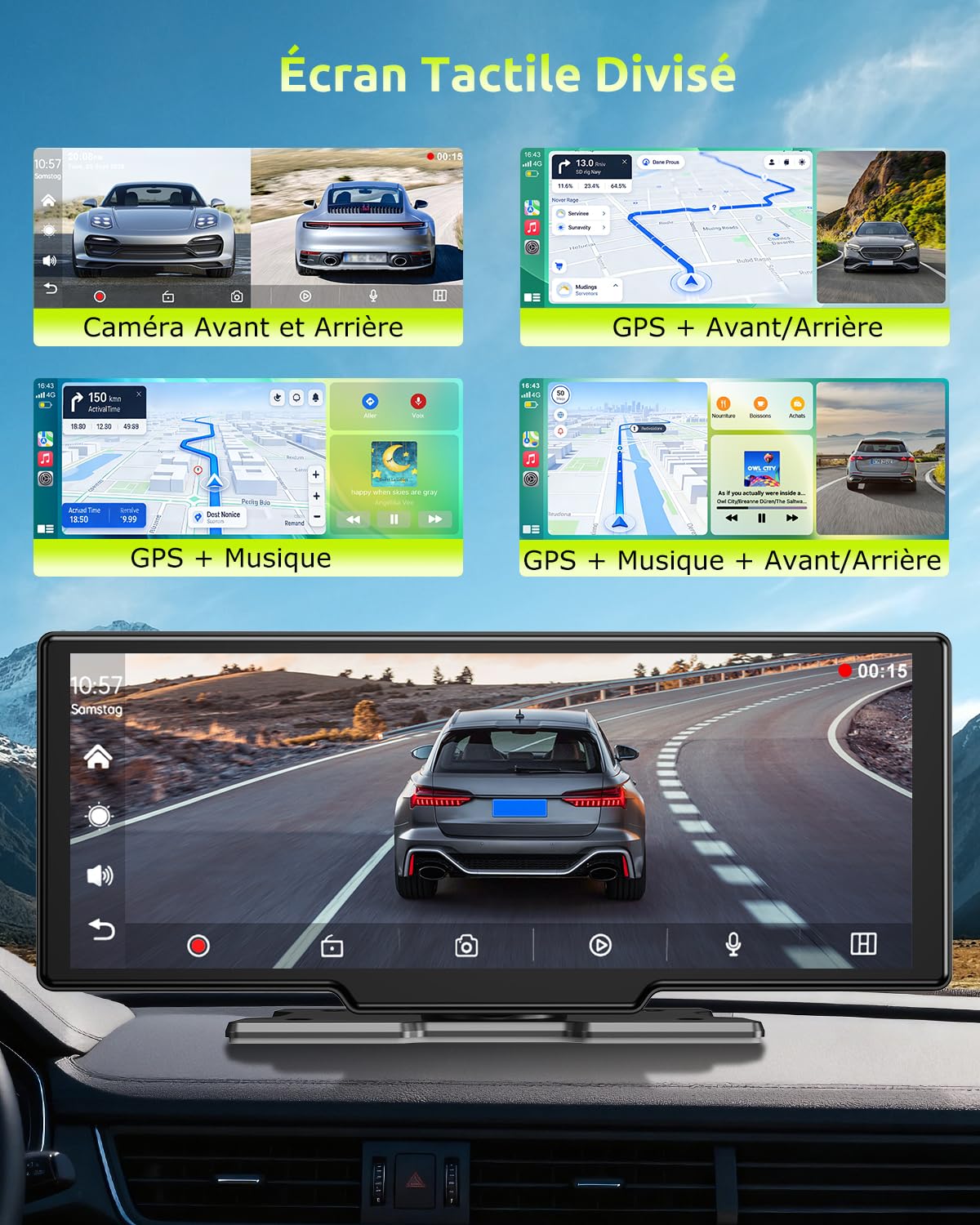 ESSGOO CarPlay Voiture, Supporte CarPlay sans Fil et Android Auto, Écran Tactile IPS 10,26 Pouces, Caméra Avant 4K et Caméra de Recul 1080P, Bluetooth 5.3, GPS, FM, AUX, Mirror Link, Carte TF 64G