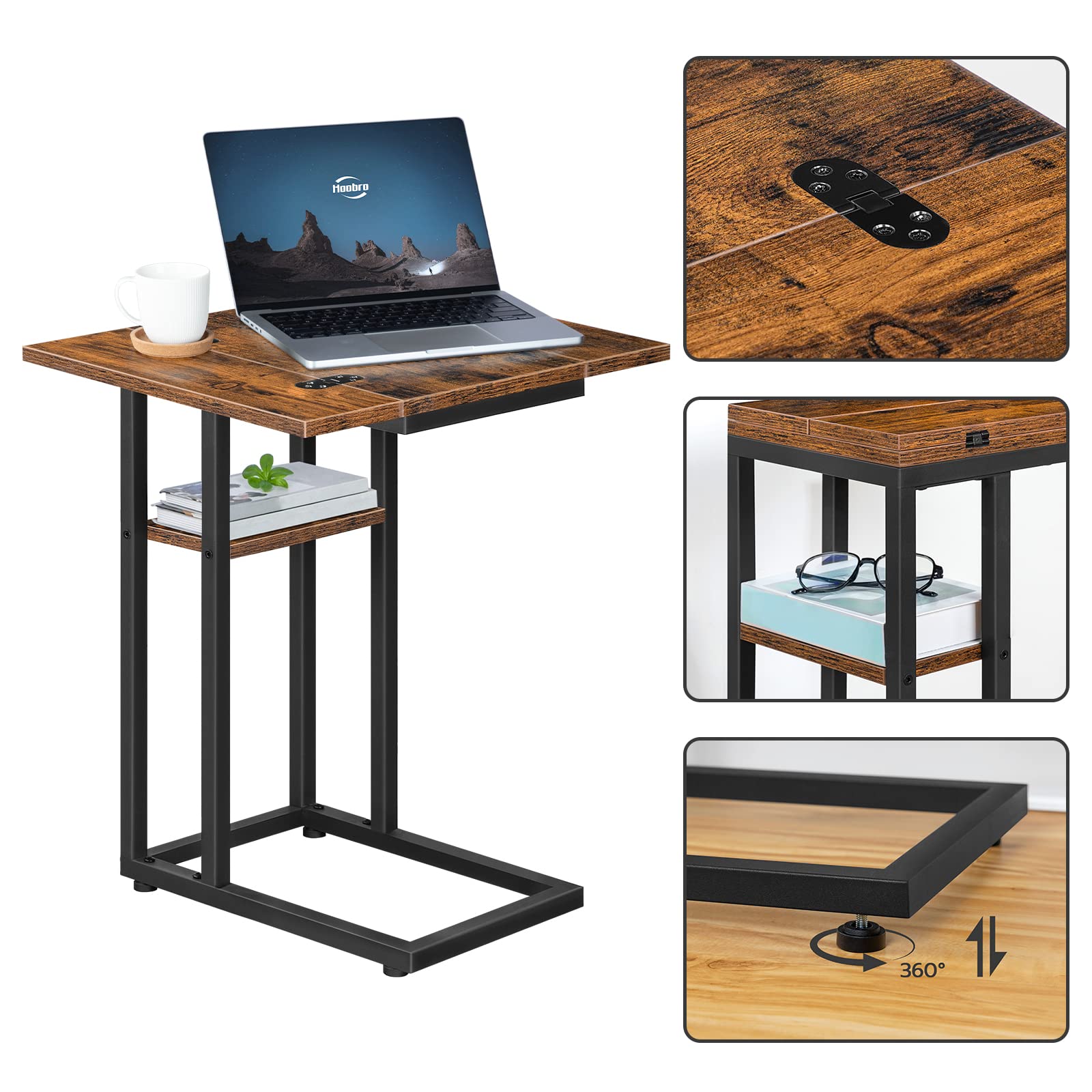 HOOBRO C-Form Beistelltisch, Klappbarer Sofatisch, Couchtisch, Kaffeetisch Snacktisch mit Lagerregal, Schmaler Nachttisch für Wohnzimmer, Schlafzimmer, Metallrahmen, ​Dunkelbraun EBF29SF01