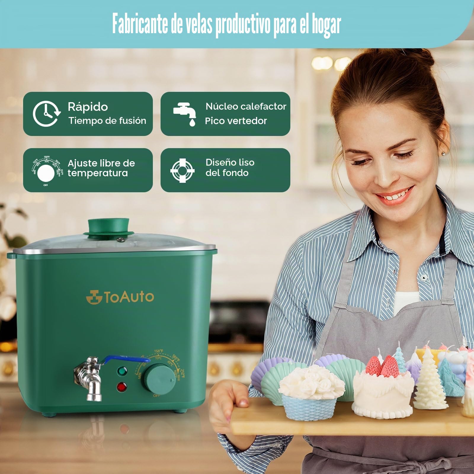TOAUTO 4Qts Green Wax Melter Cera eléctrica con válvula de vertido rápido y control de temperatura para fabricantes principiantes