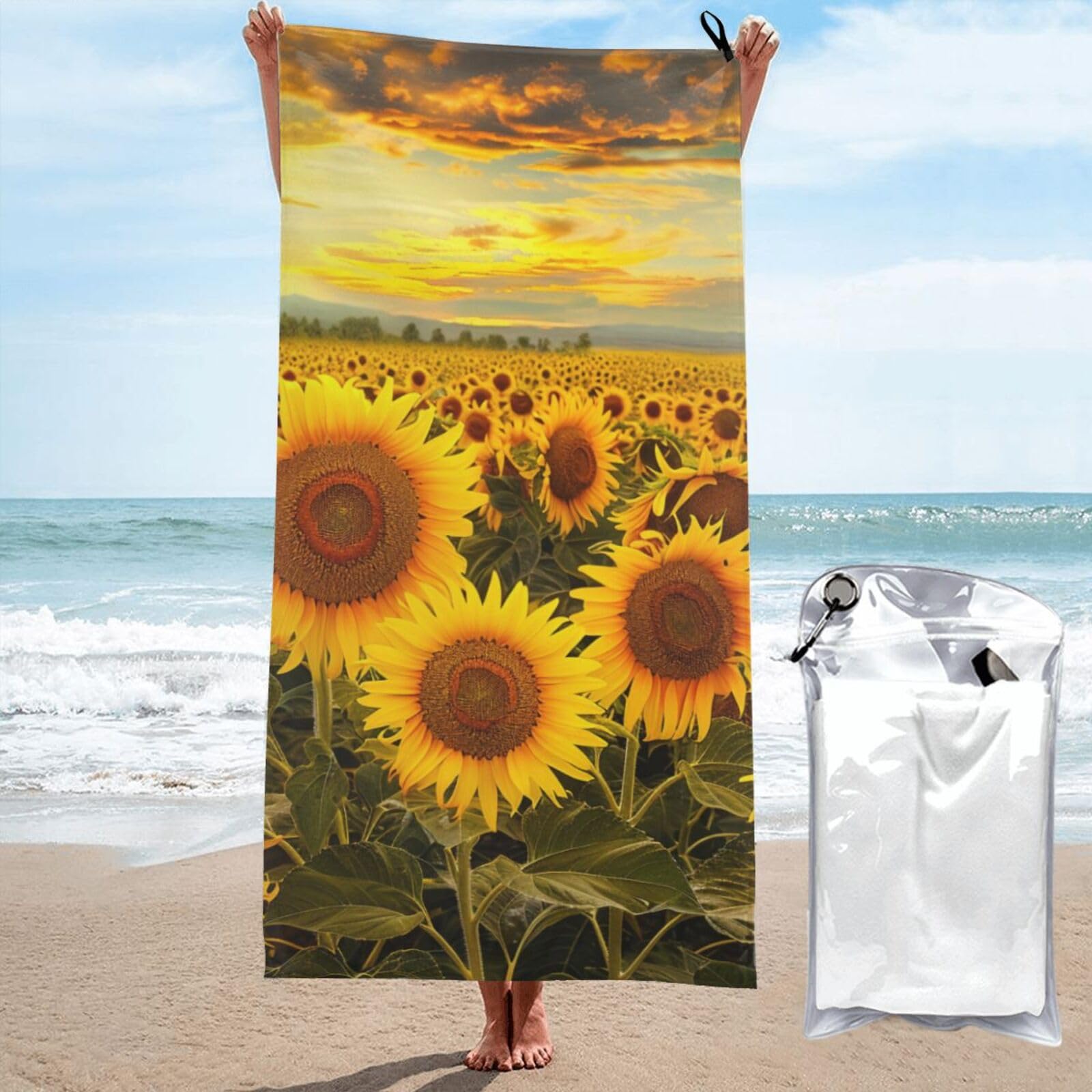 Microfiber Beach Towel, Farm sunflowers Printed Lightweight Quick Dry Travel Bath Sheet with Compact Carry Bag for Swimming Yoga Camping Gym,31.5"x63"