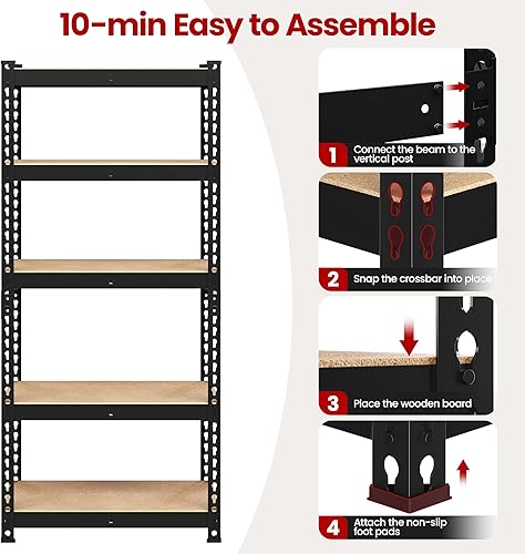 Miniatura 9 de Yaheetech Paquete de 2 estantes de pie ajustables de 5 niveles para garaje, estante de metal resistente, 27.5 pulgadas de ancho x 12 pulgadas de