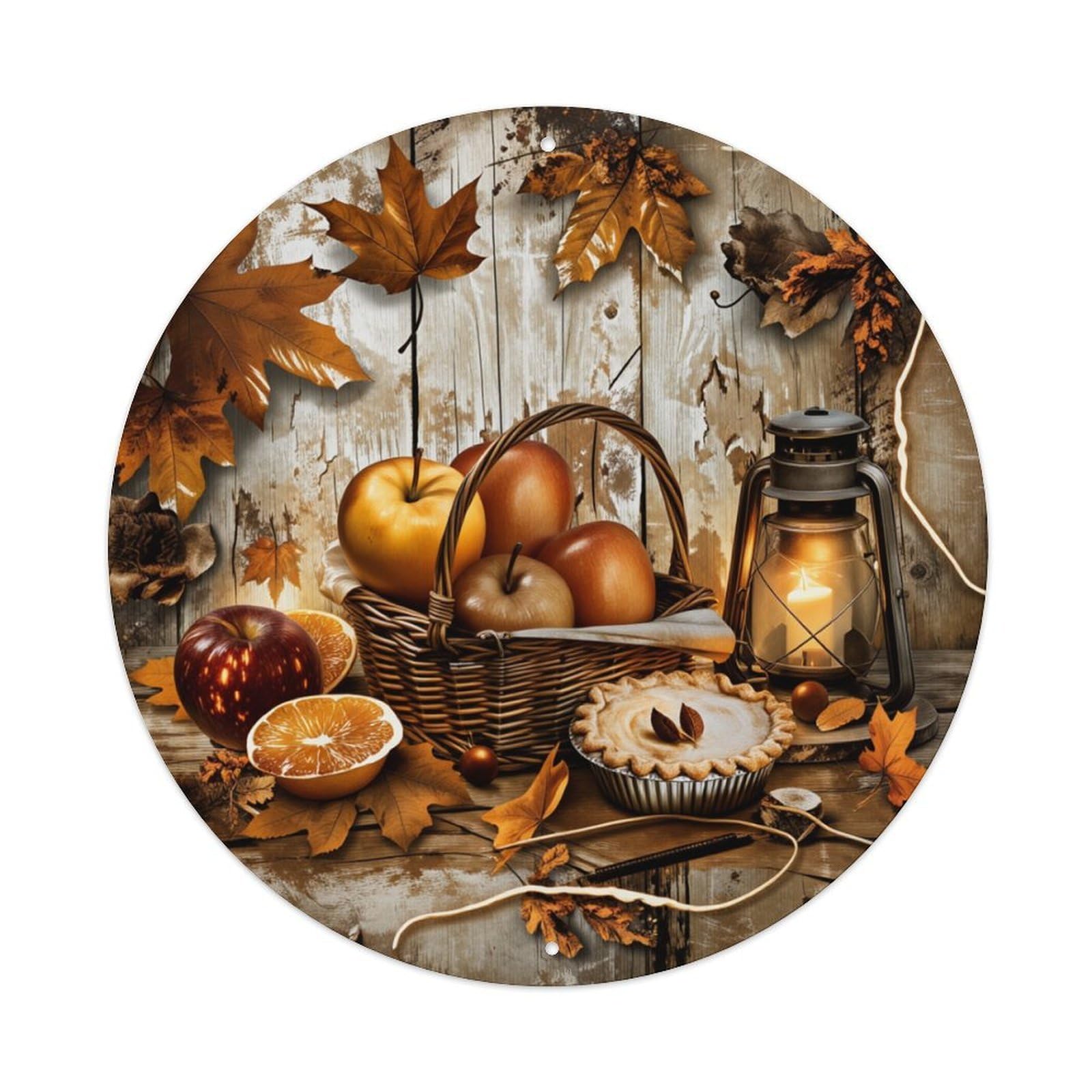 Autumn Leaves Apples Pie Lantern Round Tin Sign Retro Metal Sign for Cafe Bar Pub Home Game Room Gym Club Wall Decoration Vintage Metal Poster 8x8 Inch