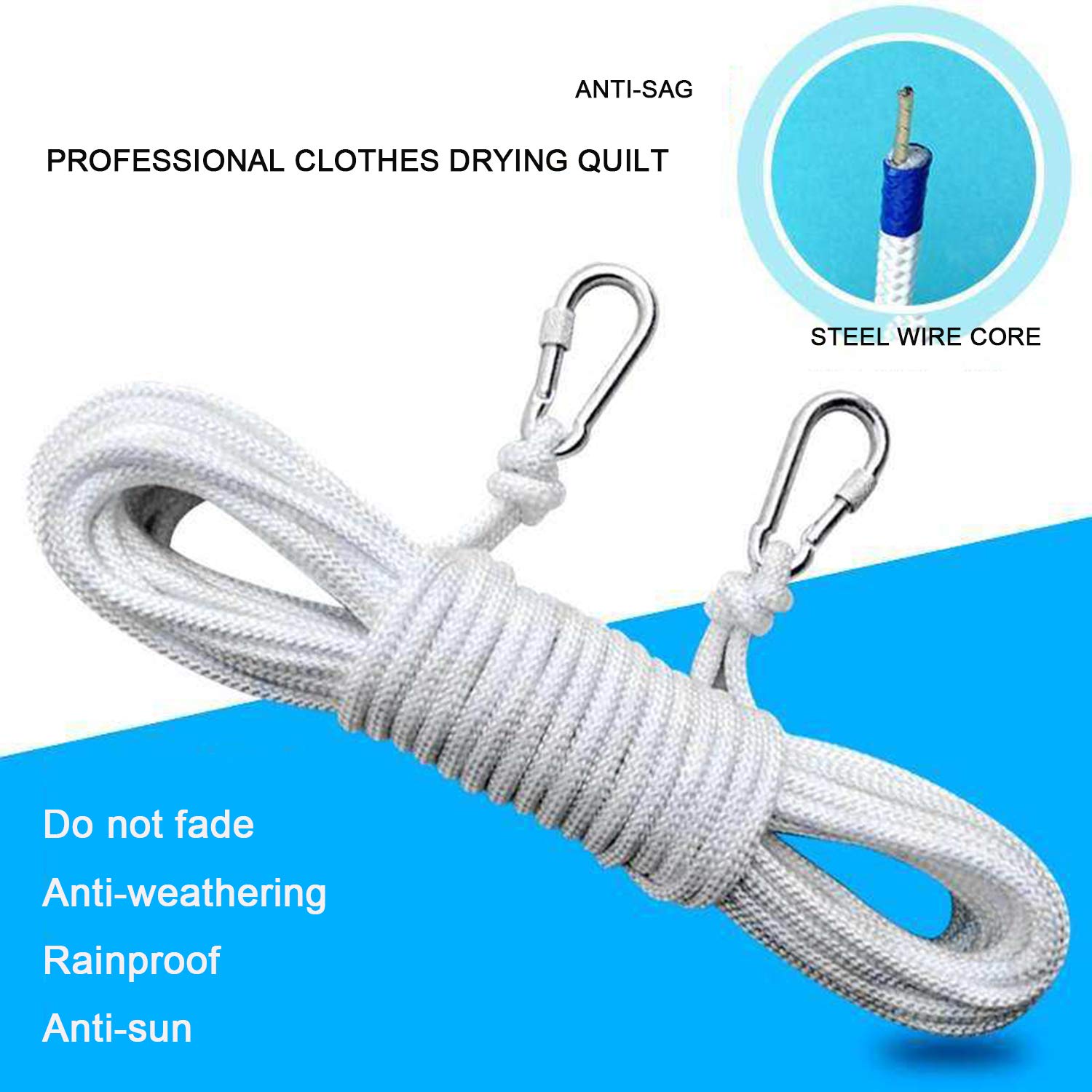 Outdoor Seil Wäscheleine Reißfester Nylonschnur, Garten Seil Nylon Stahlkern Core Waschleine mit 2 Stahlhaken Clips,für hängende Kleidung Camping, Dicke 8mm,White-30 m