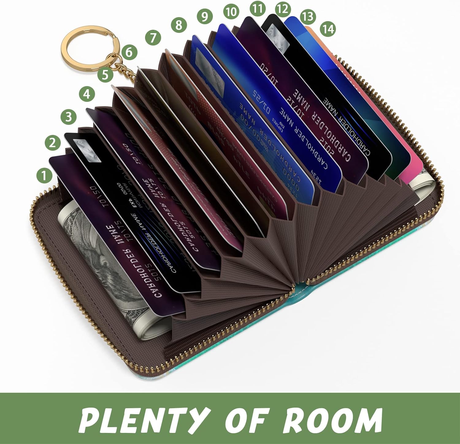 Credit Card Holder for Women, Small RFID Wallet Slim Leather Business Card Organizer Case with Zipper and Keychain, Beach - Image 3