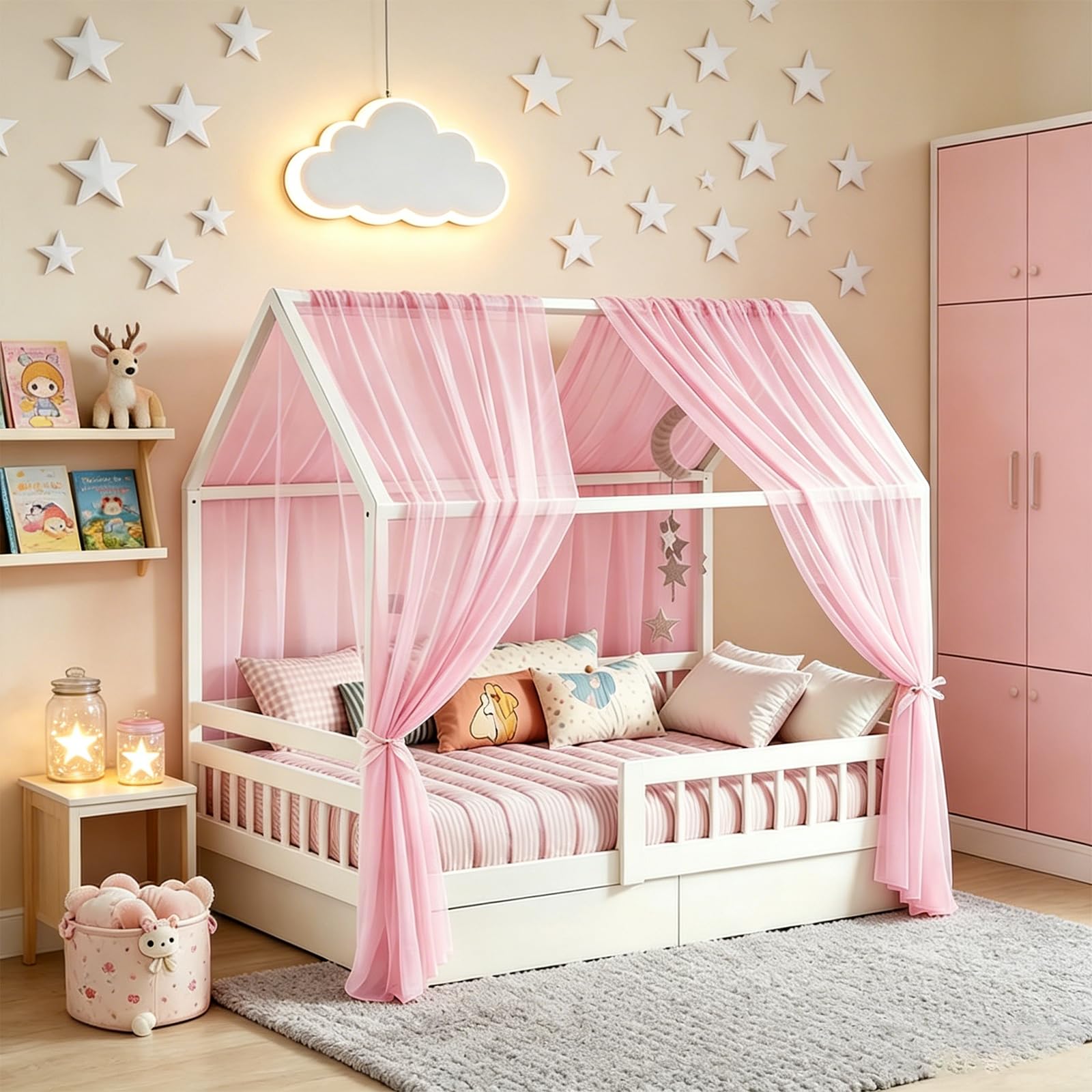 Generisch Hausbett Himmel Set, 2 Stück Betthimmel Hausbett für Hausbettdeko, Bett Vorhang für Mädchen Jungen Kinderbett Kinderzimmer Deko, 150cm*350cm (Rosa)