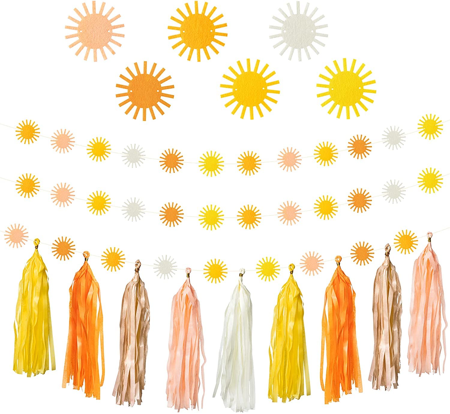 BeYumi 53Pcs Boho Sun Garland Tassel Banner Set Retro Sun Shaped Decor Art Craft Sunshine Felt Sheet Indoor Outdoor Wall Decoration Baby Shower Spring Summer Theme Birthday Wedding Party Supplies