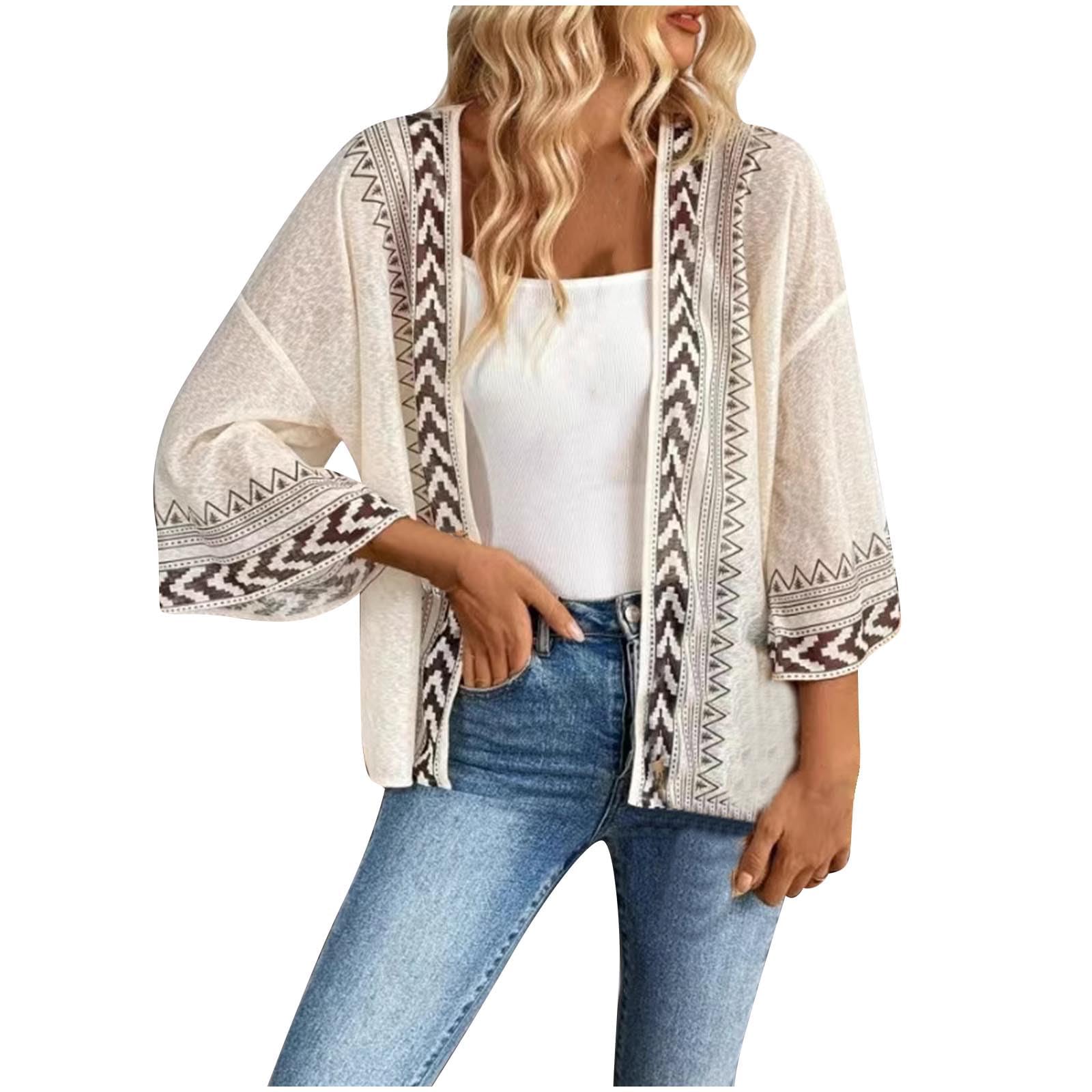 Boho Kimono Kardigan Damski Lekki Sheer Siatkowy Szyfonowy Okrycie, Geometryczny Nadruk Otwarty Przód Luźny Casual Szal Letni Top