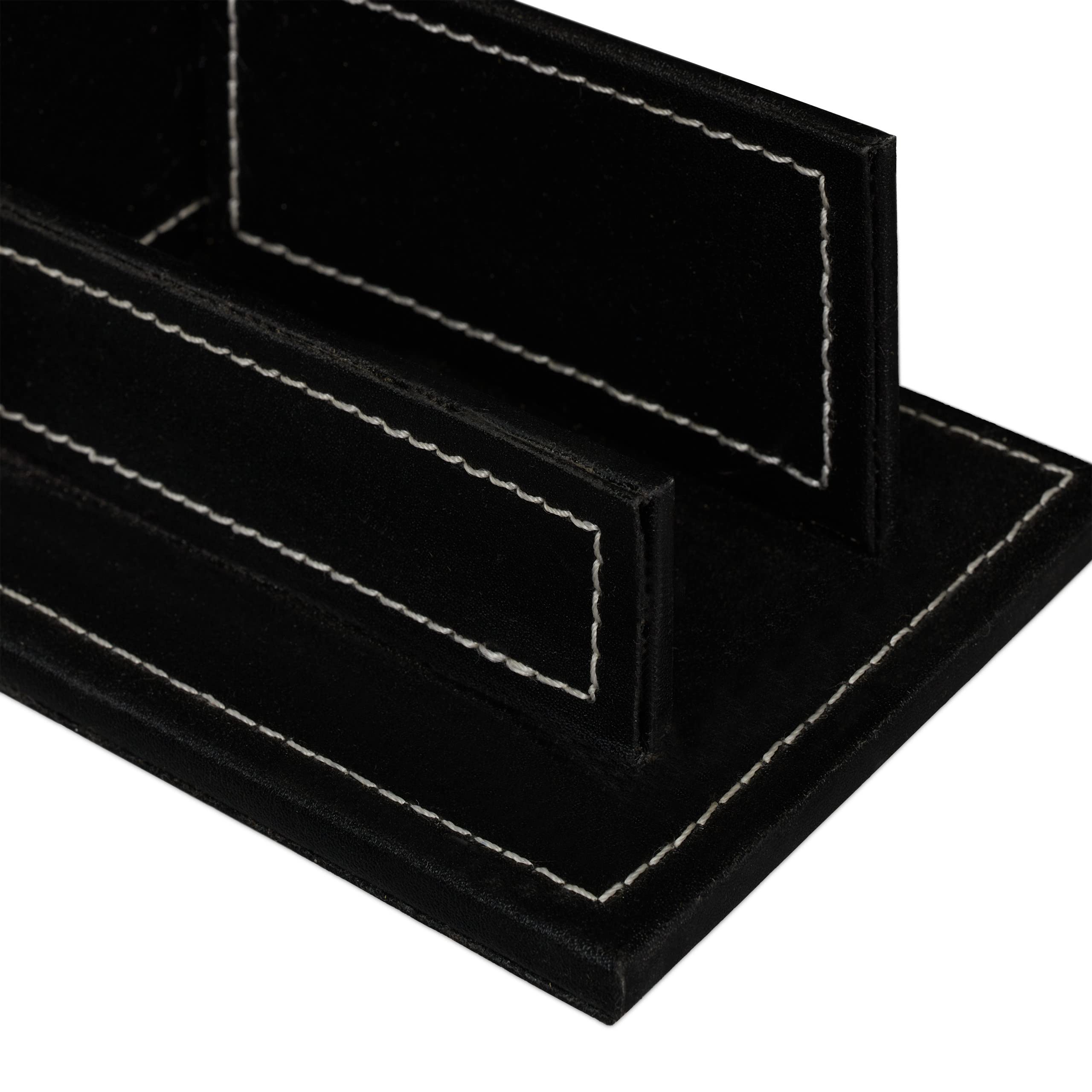 Relaxdays Porta Biglietti da Visita da Scrivania Organizer Ufficio, Portapenne in Similpelle, HLP: 10,5x20x10 cm, Nero