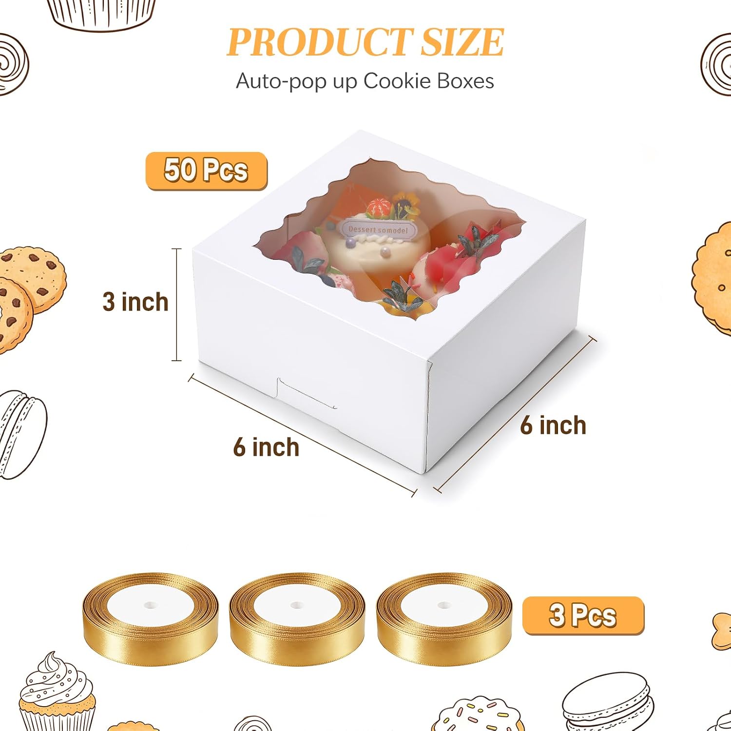 COTOPHER Auto Pop Up Cookie Box with Window 6x6x3 Inches – 50 Pack White Bakery Boxes with Gold Ribbon for Birthday Party Favors, Wedding, Christmas Gift Packaging for Cookies, Candy, Macarons