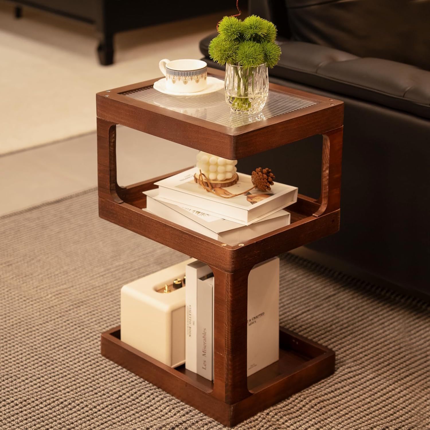 Solid Wood Side Table for Living Room, Narrow 3-Tier End Table with Fluted Acrylic Top, Retro Geometric Accent Table with Open Storage for Couch & Small Spaces, Brown (100% Pine)