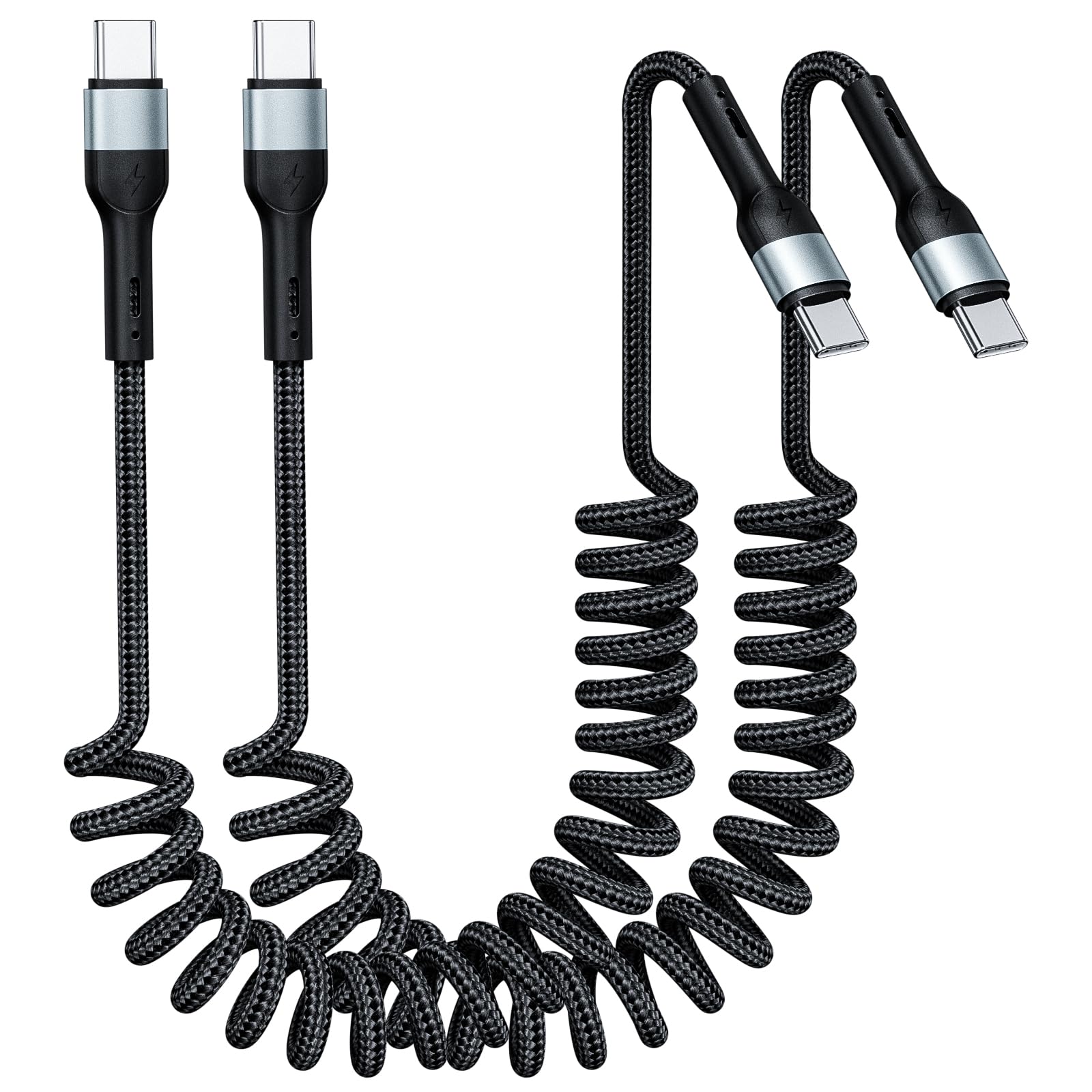 Cavo USB C a C da 0,9 m, confezione da 2 cavi di ricarica USB C a spirale per auto tipo C cavo di ricarica rapida per iPhone 17/16/15/Plus/Pro/Pro Max/Samsung Galaxy S23 cavo USBC intrecciato in nylon