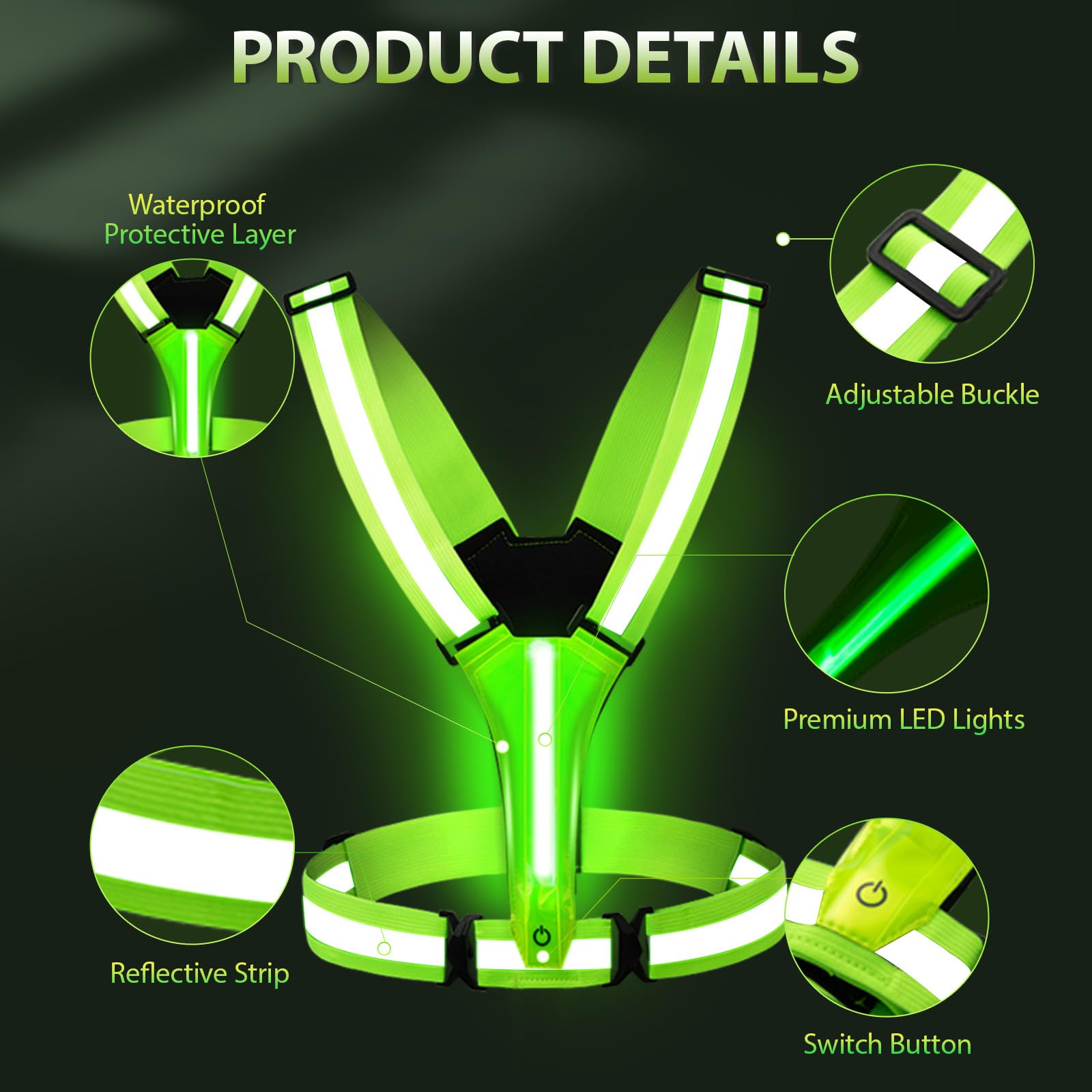 Pomerol LED Reflective Vest Running Gear High Visibility Reflective Running Gear Rechargeable Light Up Running Vest for Walking Running Cycling, Adjustable for Men Women ? 4Lights Colors +LED Wrist?