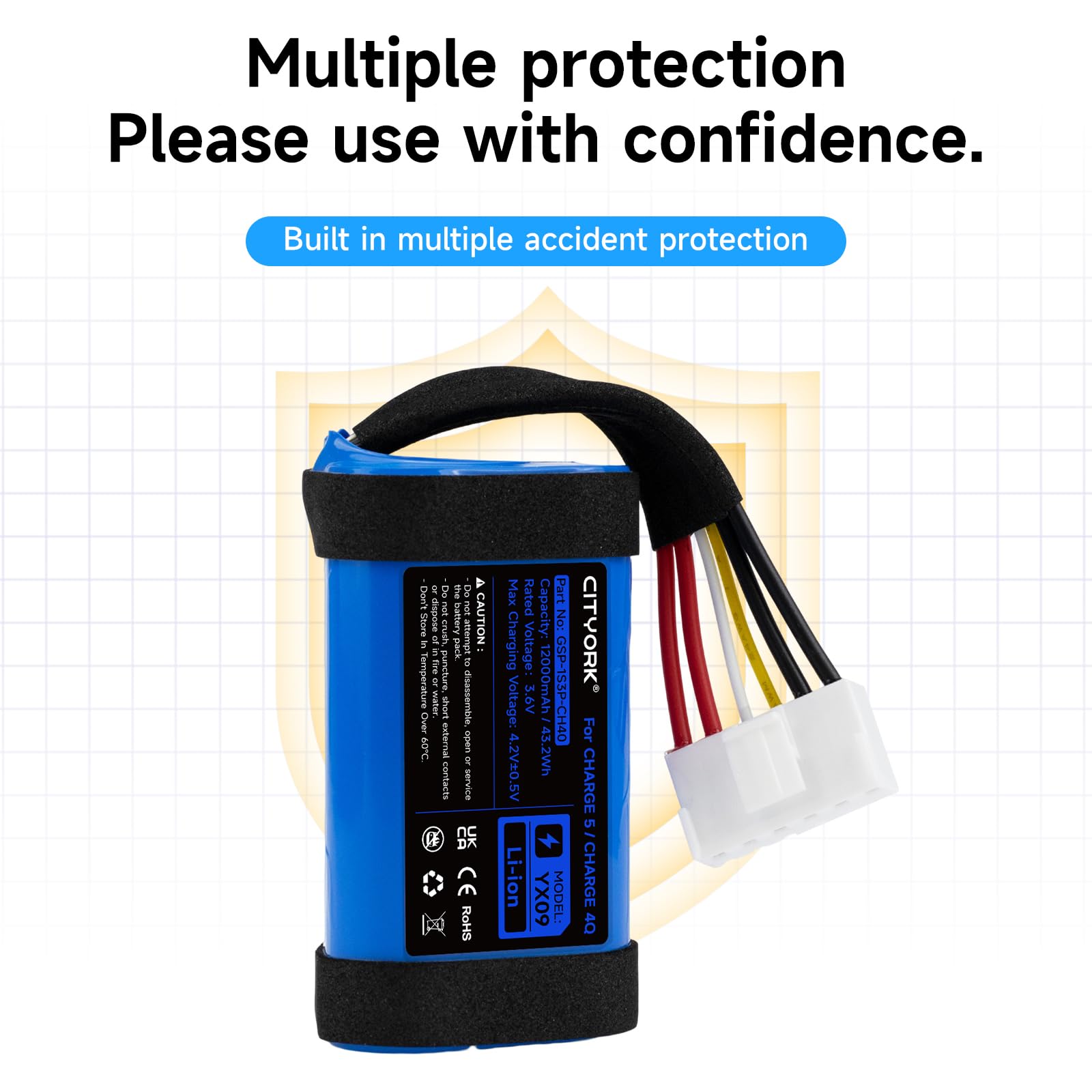CITYORK Batterie de rechange Li-ion 3,6 V 12000 mAh pour JBL Charge 5/Charge 4Q GSP-1S3P-CH40, GSP-1S3P-CH4A (non compatible avec Charge 4)