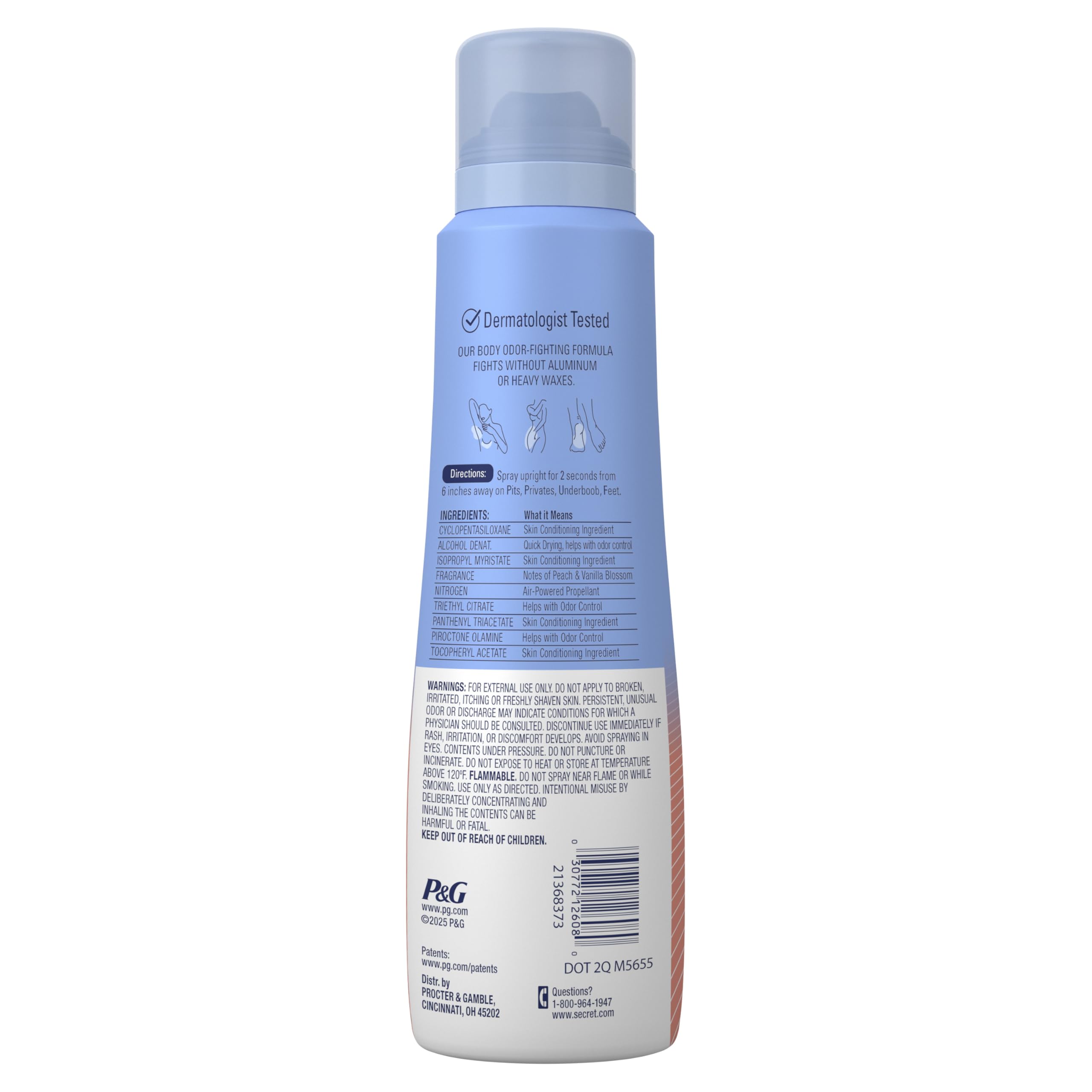 Secret Whole Body Deodorant Spray for Women, Peach & Vanilla Scent, Aluminum Free Deodorant Spray, 72 HR Odor Protection, 3.5 oz