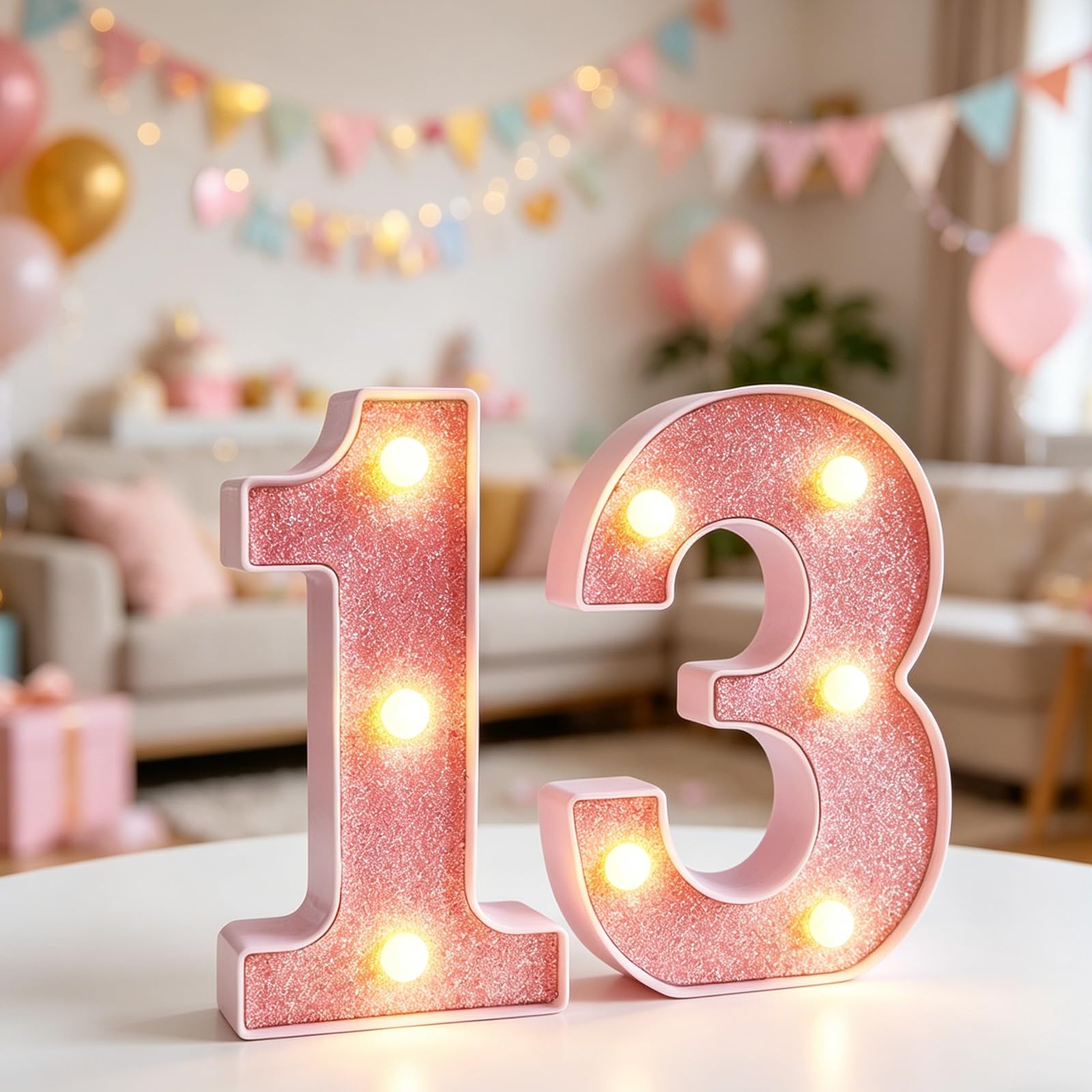 LED Light Up Numbers, 13 Marquee Numbers Light Sign, 6.3 inch Pink LED Number Lights for 13th Birthday Decorations, Warm Lighted Number Sign for Birthday Wedding Anniversary Home Wall Decor