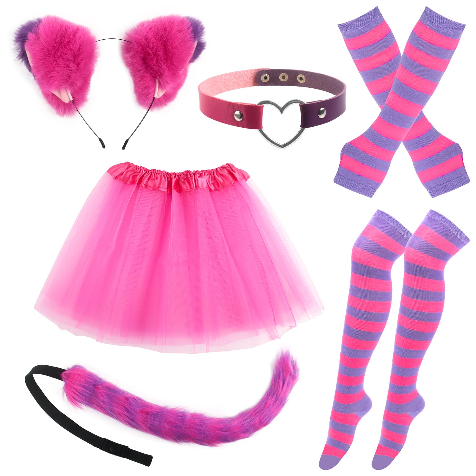 Set de disfraz de gato de rayas rosas y violetas, disfraz de gato para niñas y mujeres, disfraces de cosplay de carnaval