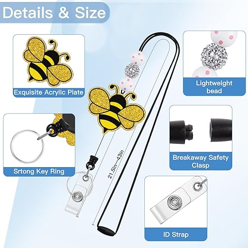 Miniatura 3 de Plifal Cordones para profesores para tarjetas de identificación, carrete retráctil, llavero de tarjetas con cuentas de abeja amarilla para mujeres,