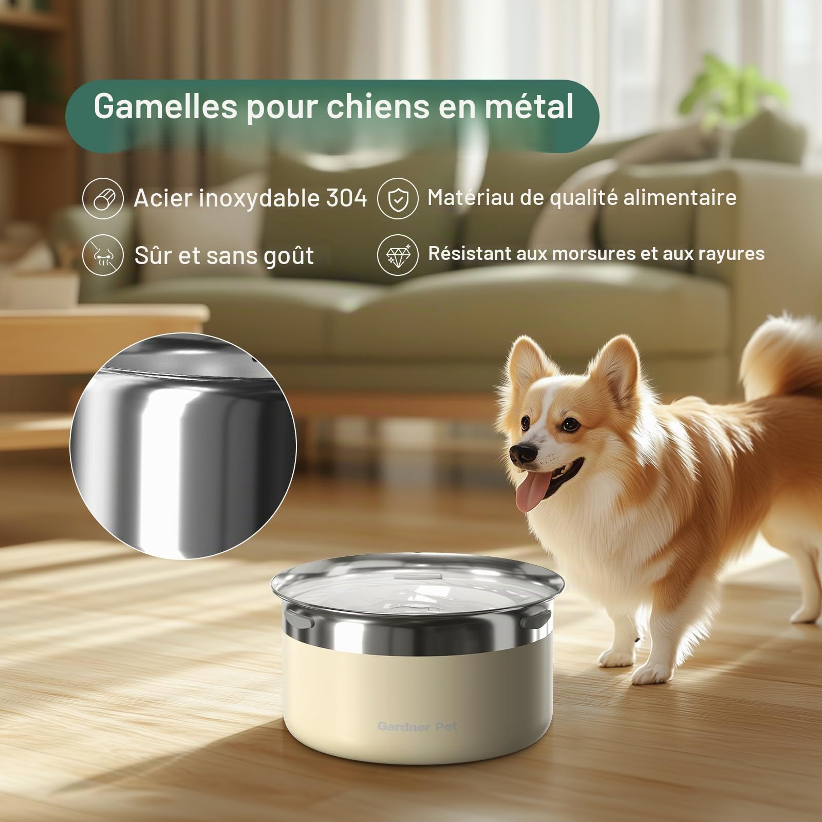 Gardner Pet Gamelle Anti-Éclaboussures pour Chien 3.85L-Gamelle Eau en Acier Inoxydable pour Gros Chien Anti-Étouffement Anti-Renversement-Bol Anti-Goutte avec Flotteur sans BPA -Blanc