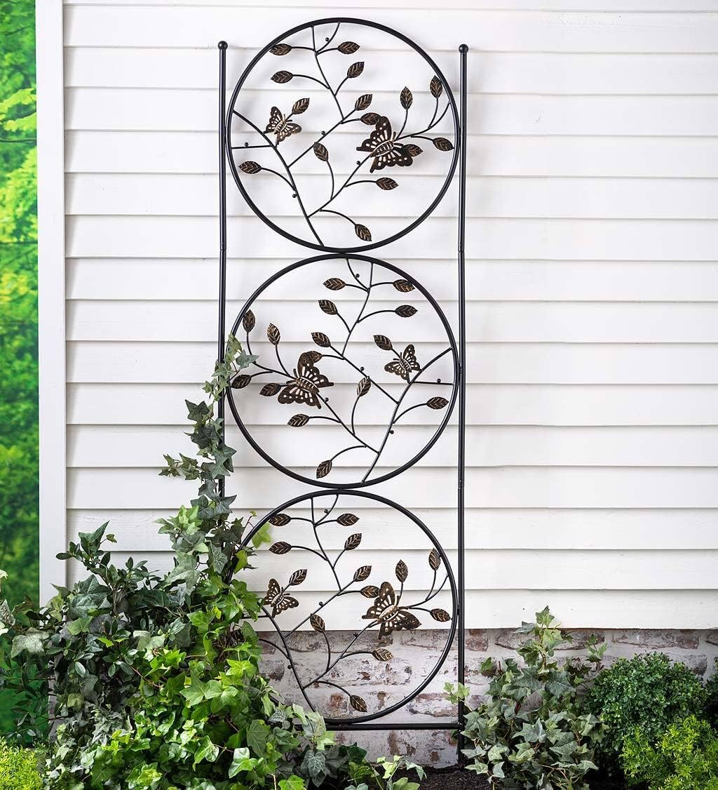 Plow & Hearth Laser Cut Metal Butterfly and Vines Trio Garden Trellis, Garden Support for Climbing Flowers, Vines, and Vegetables, Artistic Landscape Accent, Versatile, 24" W x 1" D x 79½"H