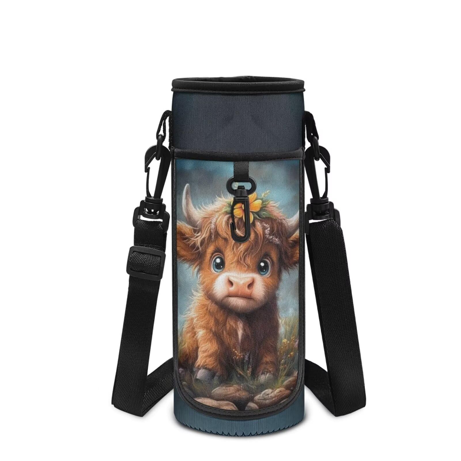 Showudesigns Highland Cow Water Bottle Holder Girls Boys Water Bottle Carrier with Shoulder Strap Kids Insulated Sleeves Tote Bag for Steel/Glass/Plastic Bottles — image 1