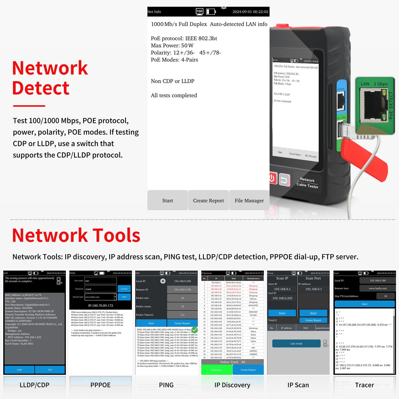 Henkion Testeur Câble Réseau RJ45 Professionnel avec Écran IPS 4", Ethernet Tester Rechargeable, Outils Réseau, Détection POE++, Mesureur de Longueur de Câble, Test TDR RJ45, NCV, Alimentation PD, FTP