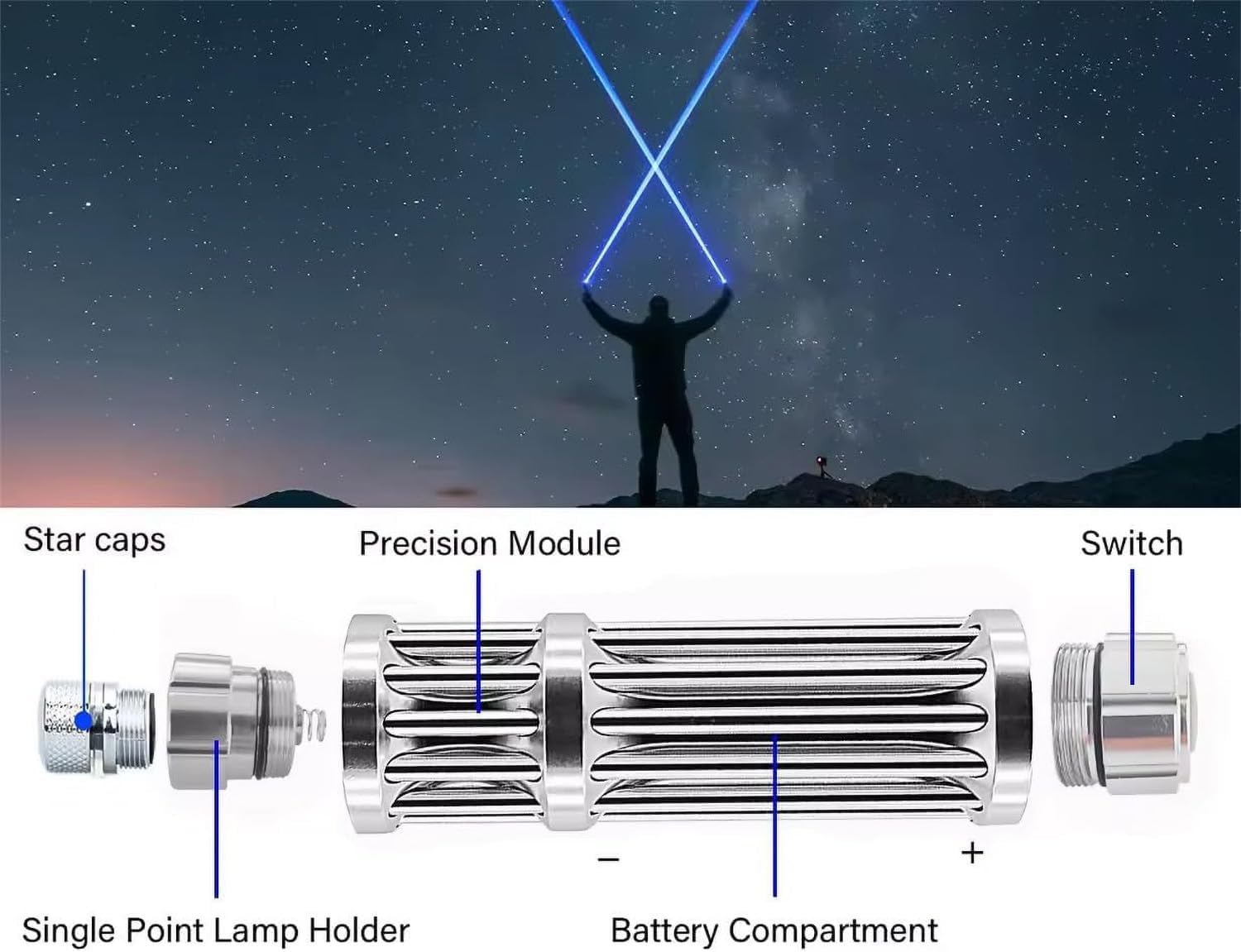 Blue LED Flashlight Rechargeable – Long Range High Power Torch with Adjustable Focus, Suitable for Outdoor Activities