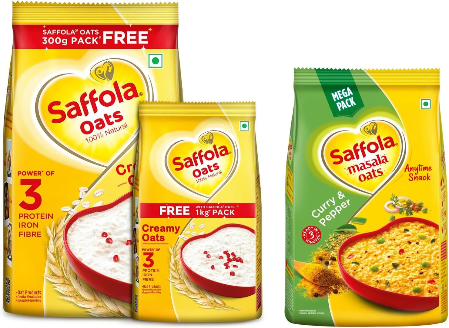 Saffola Oats, 1 kg with Free Saffola Oats 400 gm + Saffola Masala Oats, Curry & Pepper, 500g