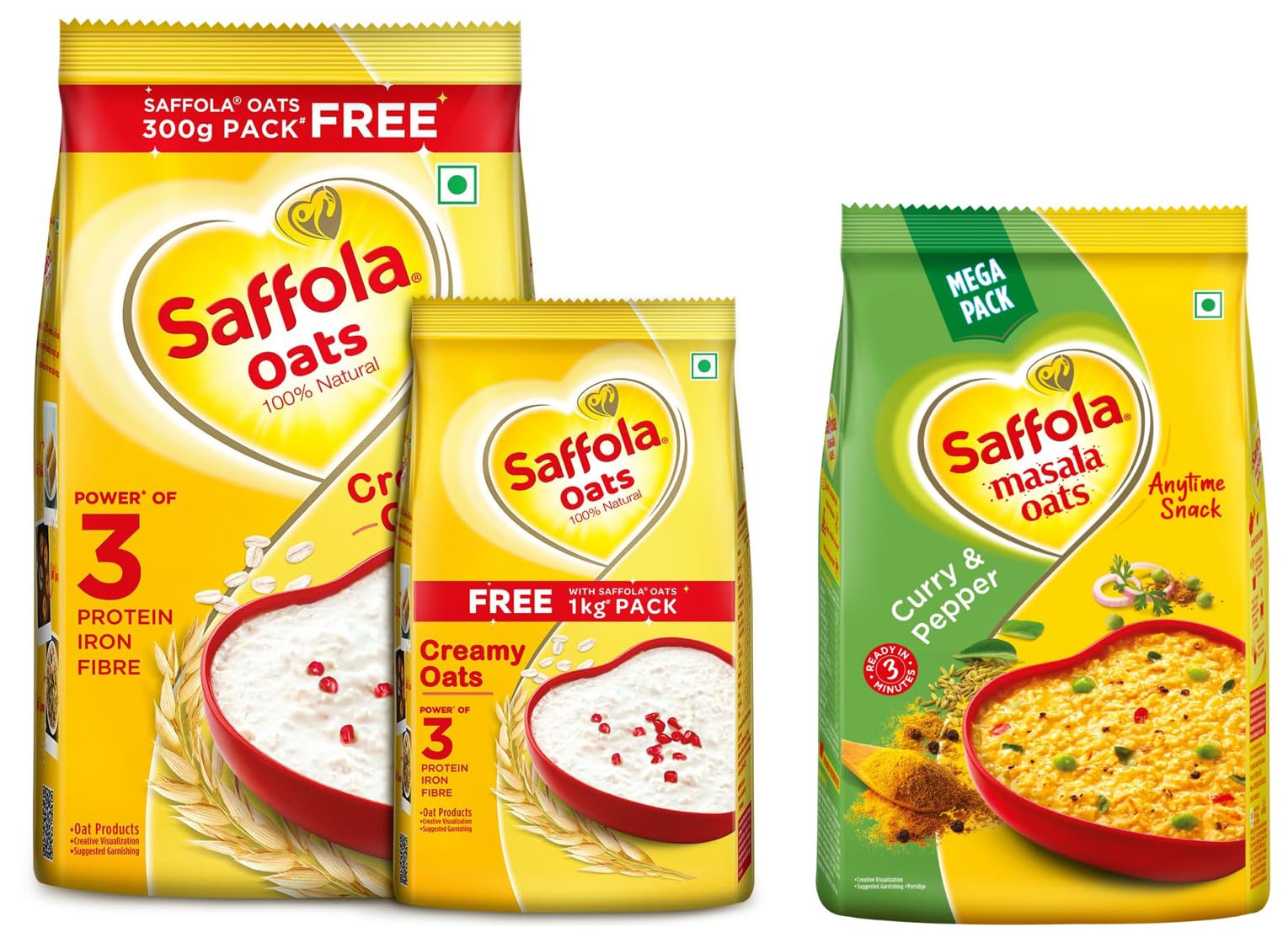 Saffola Oats, 1 kg with Free Saffola Oats 400 gm + Saffola Masala Oats, Curry & Pepper, 500g